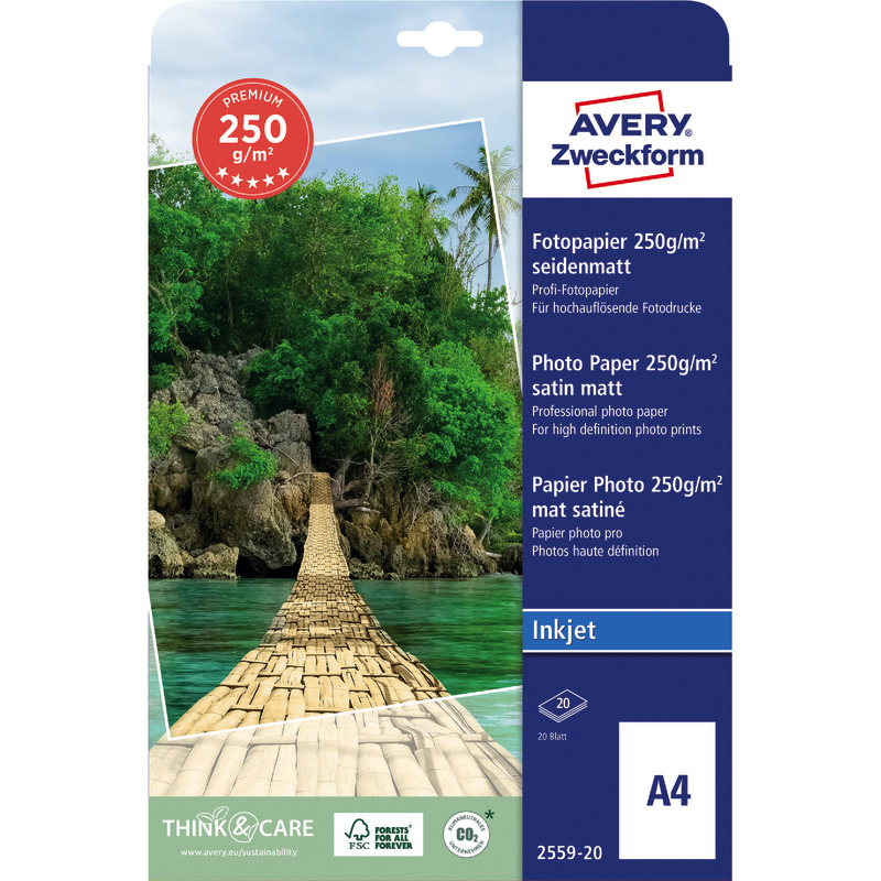 AVERY Zweckform Premium Inkjet Fotopapier, seidenmatt, DIN A4, 250 g/m², Packung: 20 Blatt