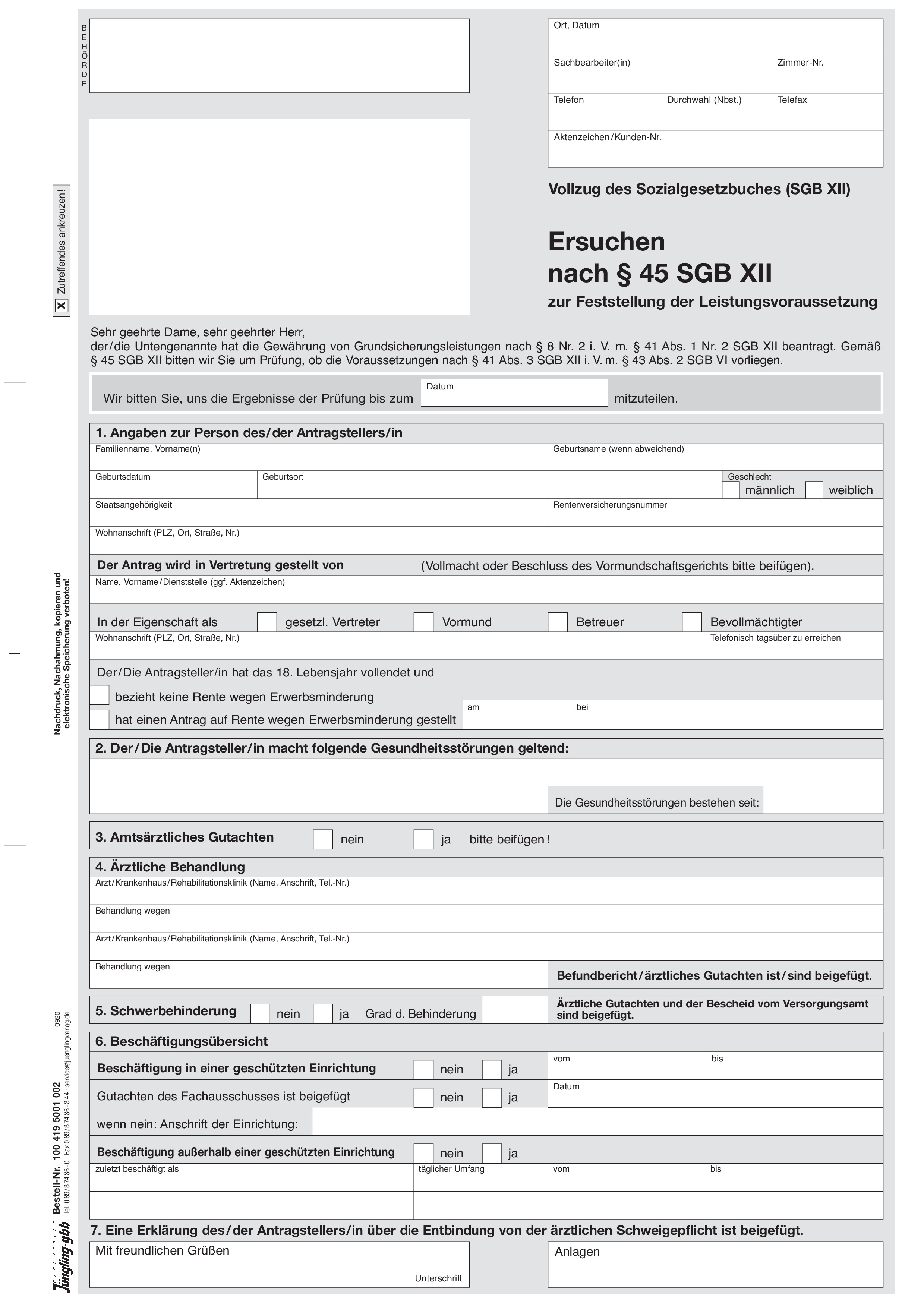 Ersuchen nach § 45 Abs. 1 SGB XII zur Feststellung der Leistungsvoraussetzungen, A4 2-fach
