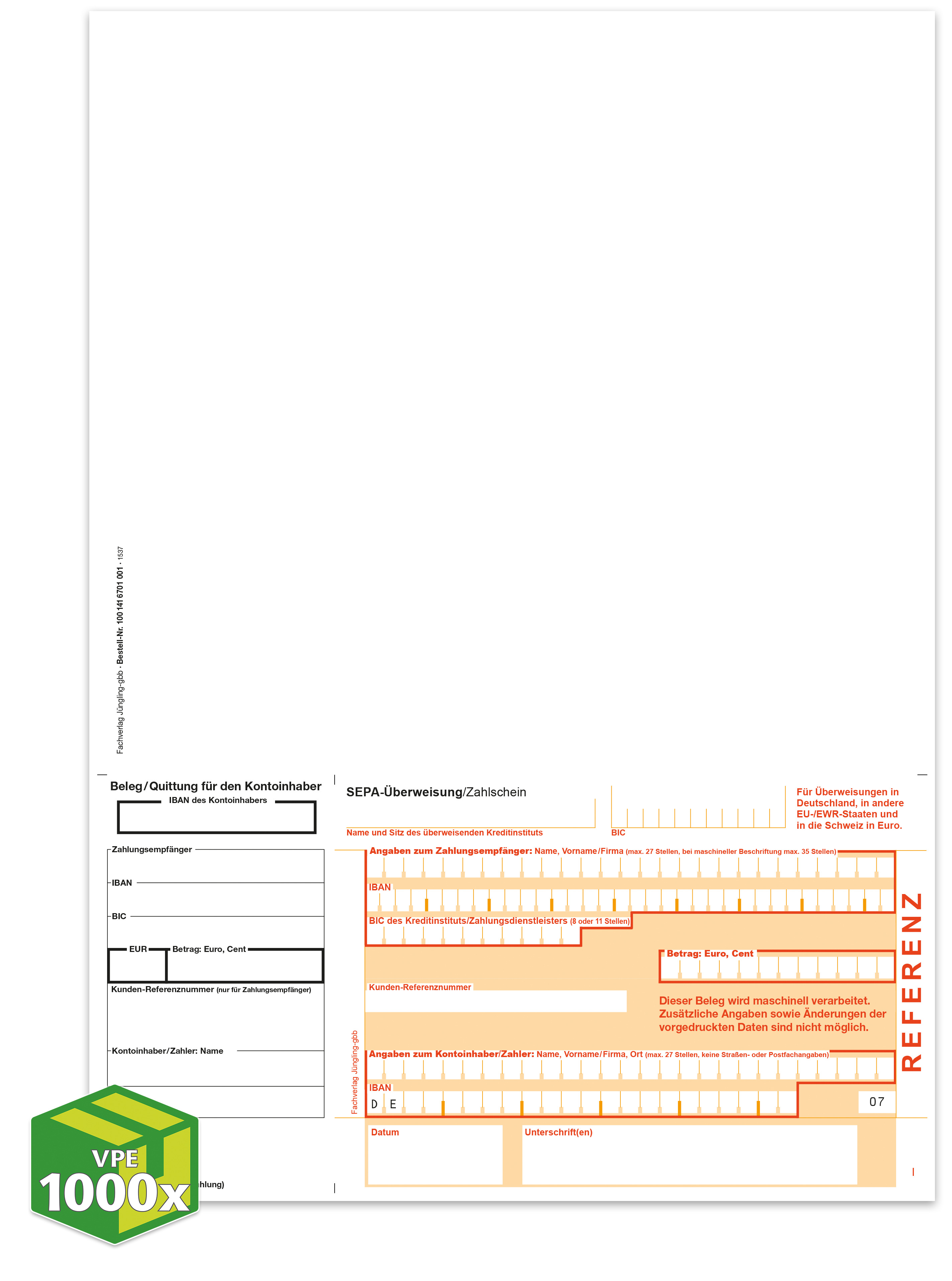 SEPA Zahlschein, A4, Giro unten, Beleg links, Referenz [07], VKE 1000 Stück