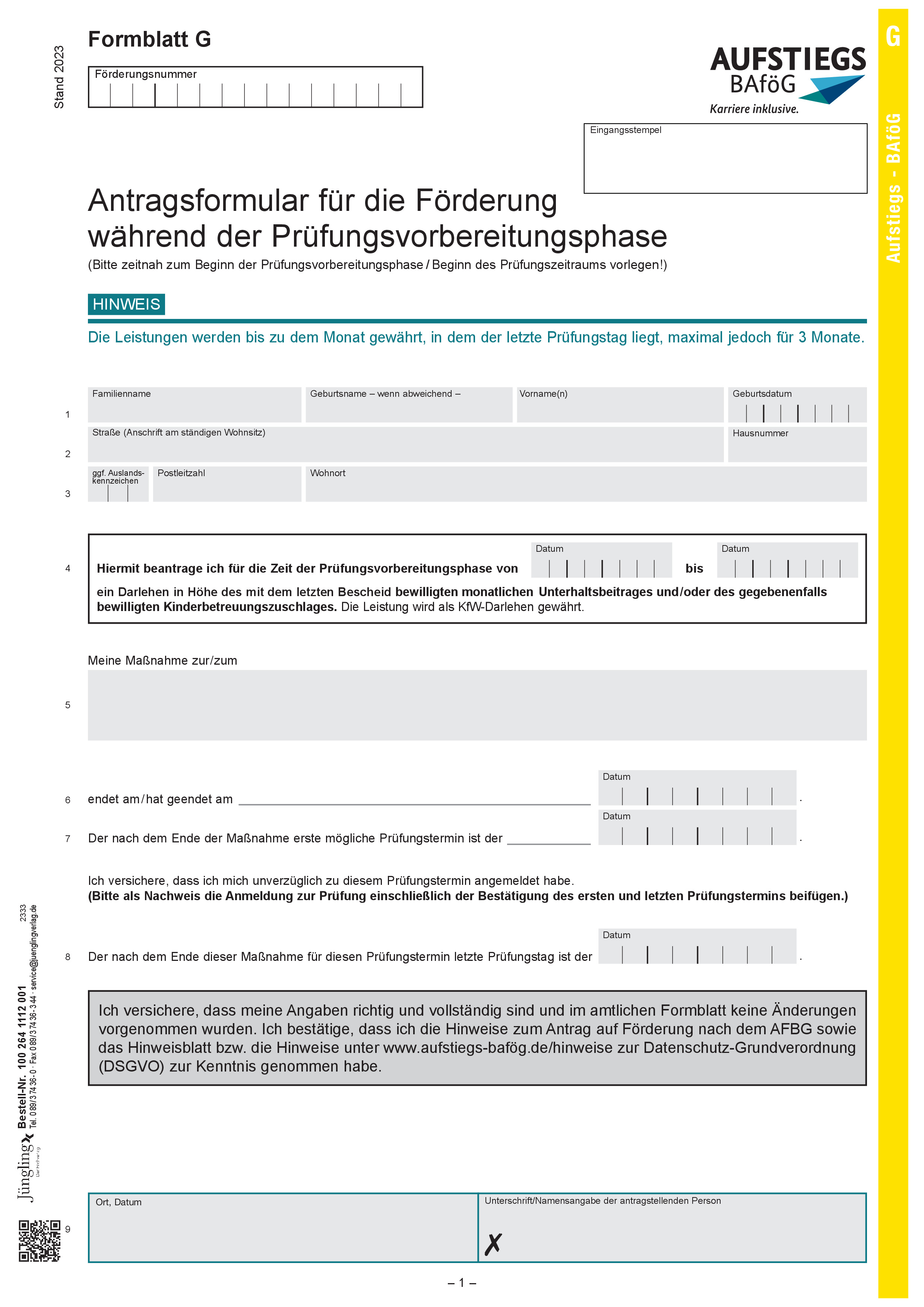 Formblatt G - Antragsformular für die Prüfungsvorbereitungsphase