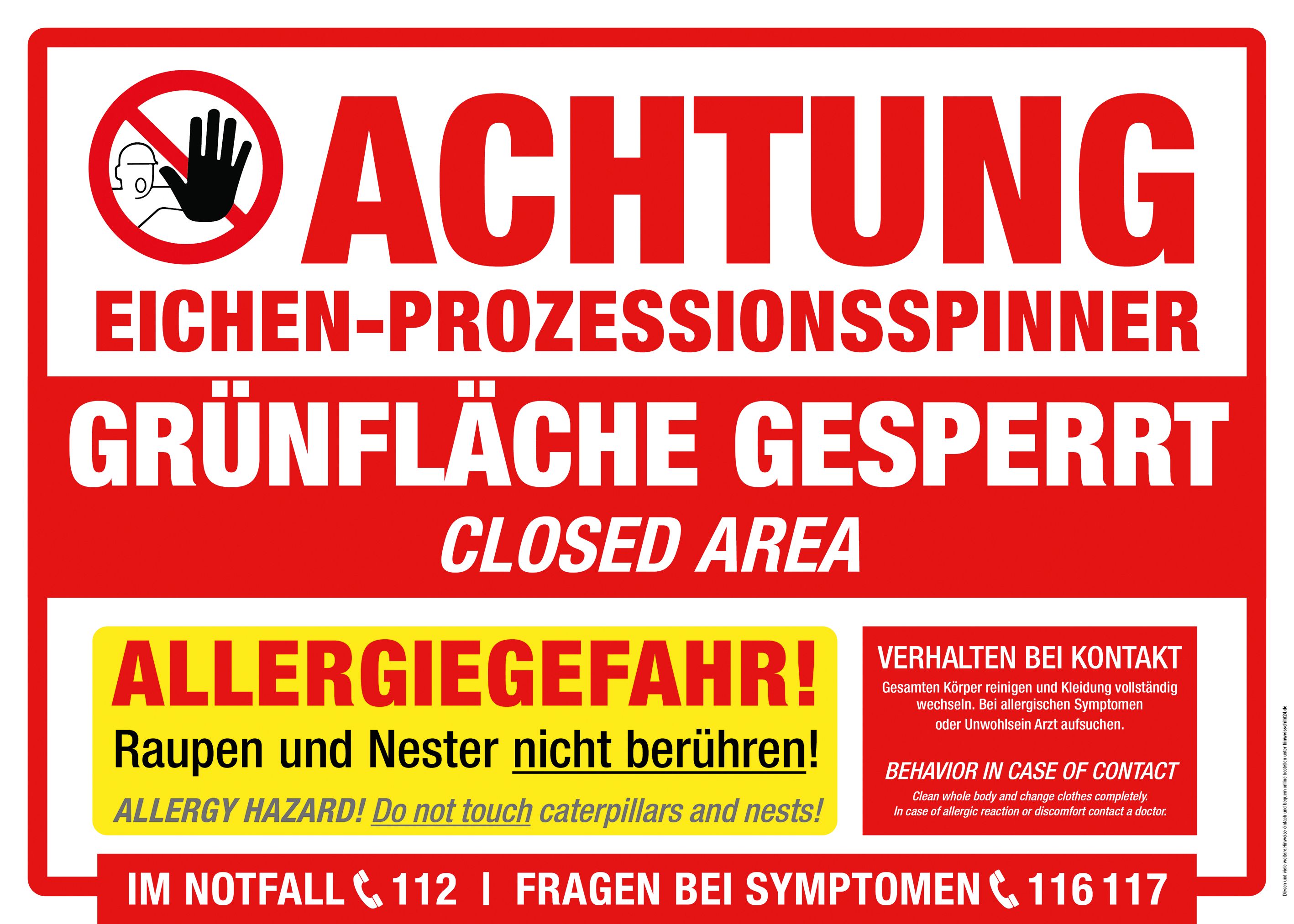 Hinweisschild Eichenprozessionsspinner: Grünfläche gesperrt