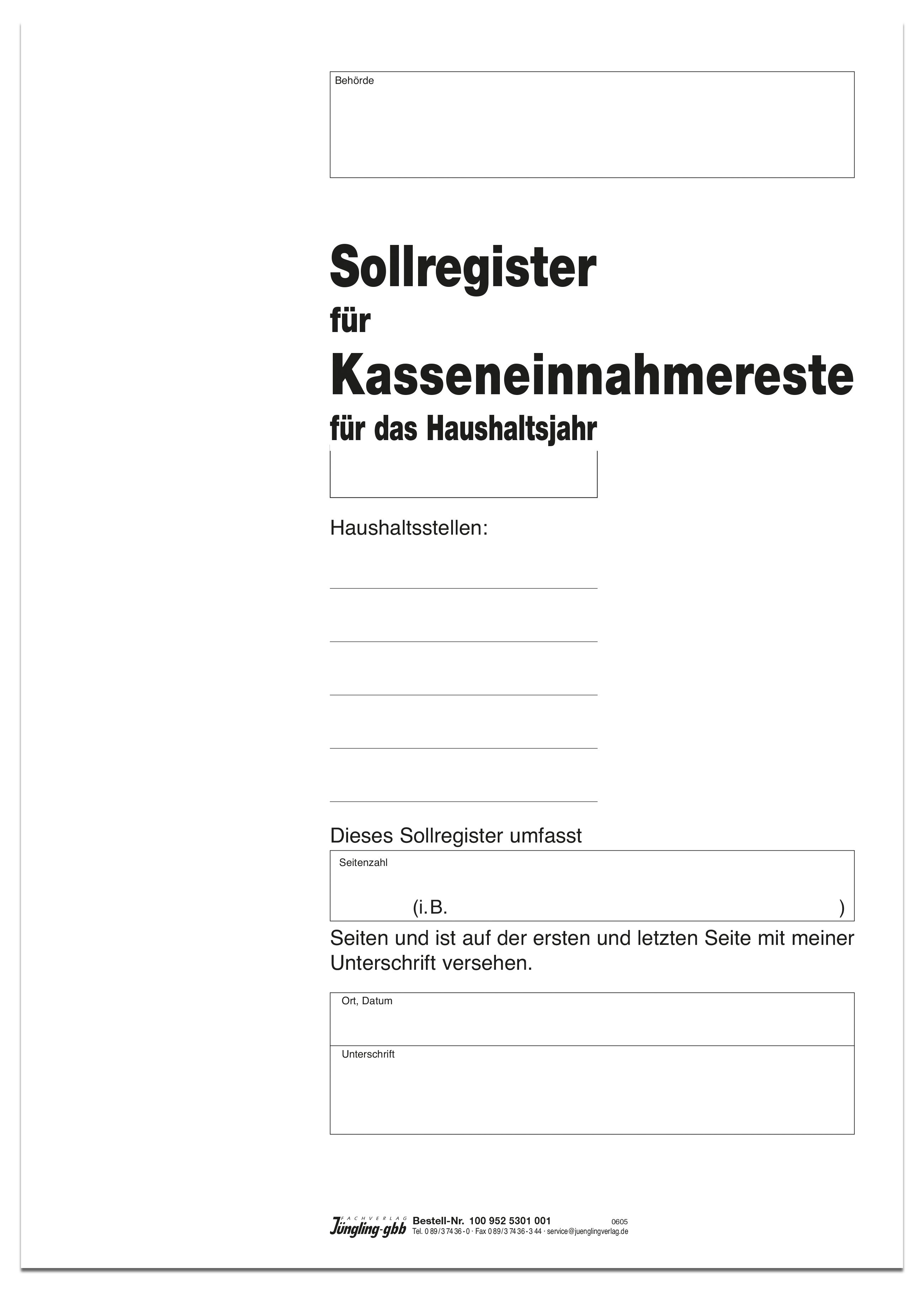 Titelbogen Sollliste Kasseneinnahmereste, DIN A4, 4-seitig