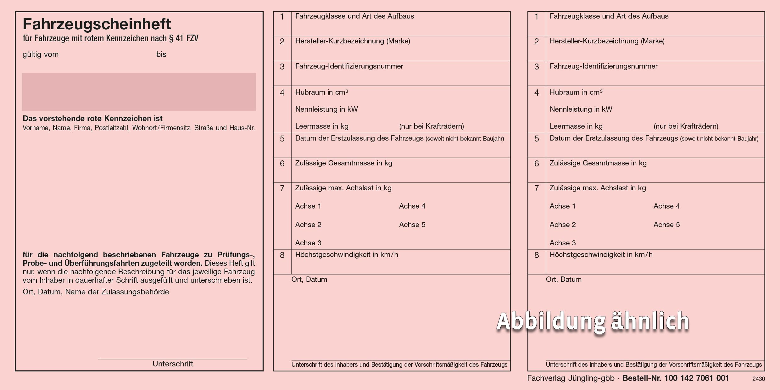 Fahrzeugscheinheft Rotes Dauerkennzeichen (AKDB, Telecomputer), 4 Seiten, 20 Eintragungen, DIN lang, Neobond hellrot, mit neuem Fahrtzweck