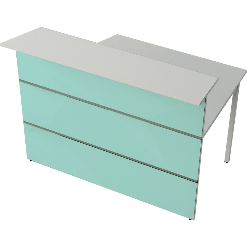 Empfangstheke ATLANTIS, Mit 1 geraden u 1 schrägen Seite, u Thekenplatte B x H x T: 1.350/1.050 x 1.080 x 920 mm, weiß / Glas