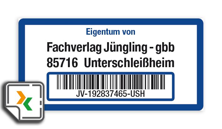 Inventaretikett mit Barcode und Klarschrift - Blau