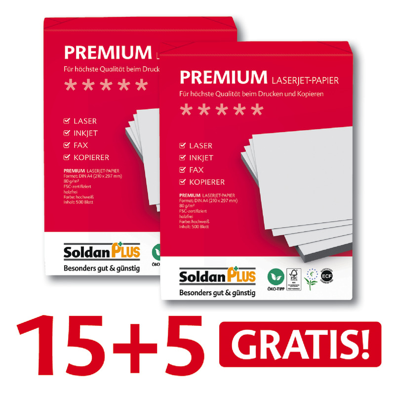 15 + 5 GRATIS! 20 Pack SoldanPlus Kopierpapier PREMIUM, DIN A4, 80 g/m², Pack: 500 Blatt