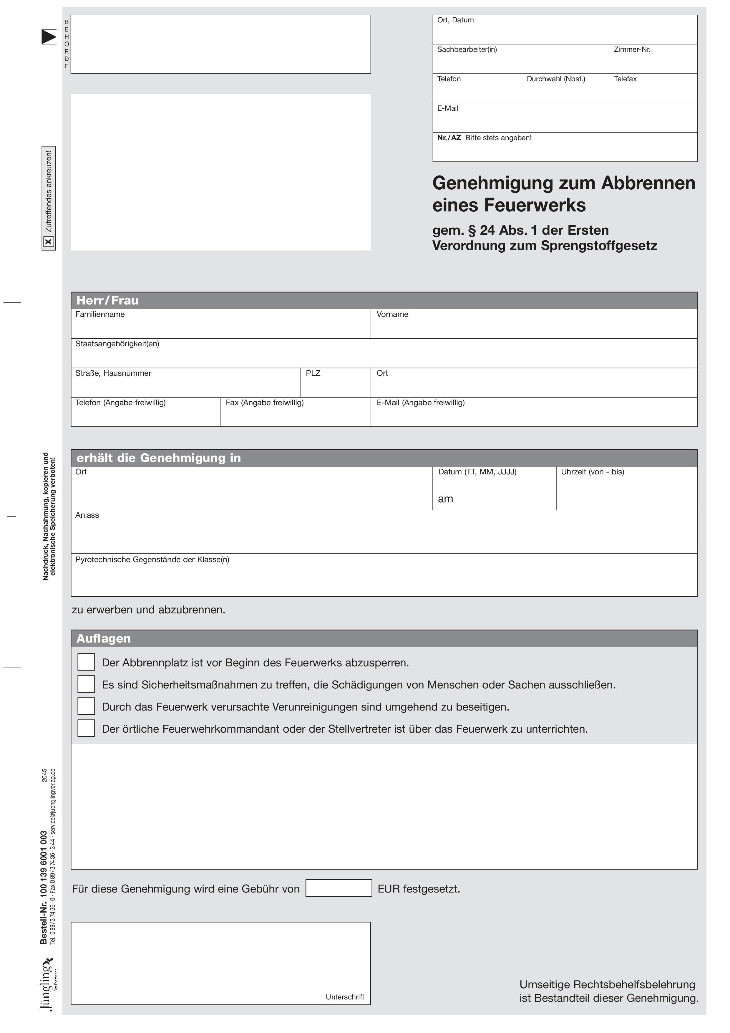 Genehmigung zum Abbrennen eines Feuerwerks, A4 SD-Formular Genehmigung zum Abbrennen eines Feuerwerks, A4 SD-Formular