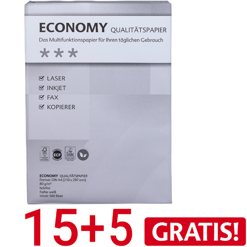 15 + 5 GRATIS! 20 Pack SoldanPlus Qualitätspapier ECONOMY, DIN A4, 80 g/m², Pack: 500 Blatt