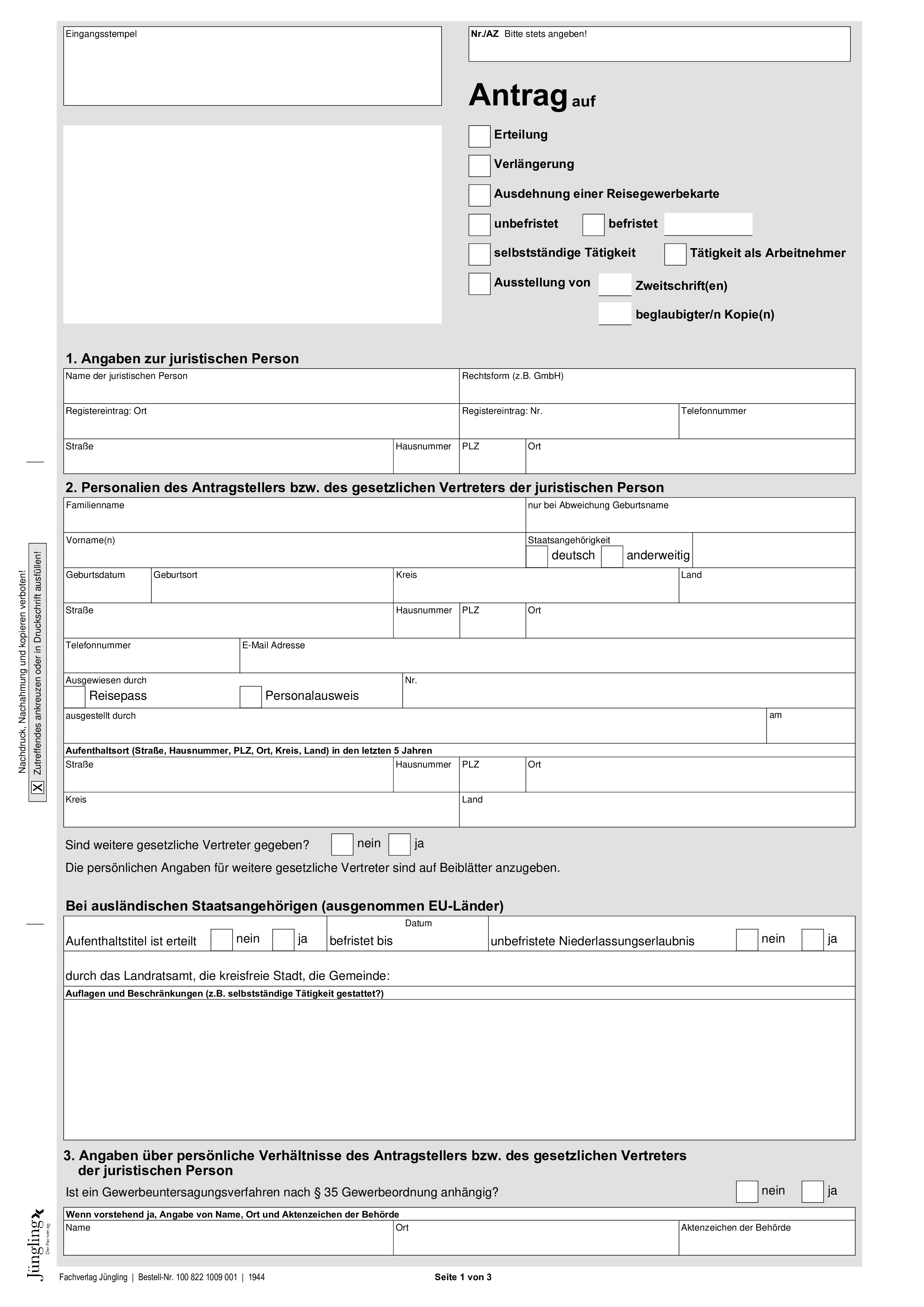 Antrag Reisegewerbekarte, A4-Format