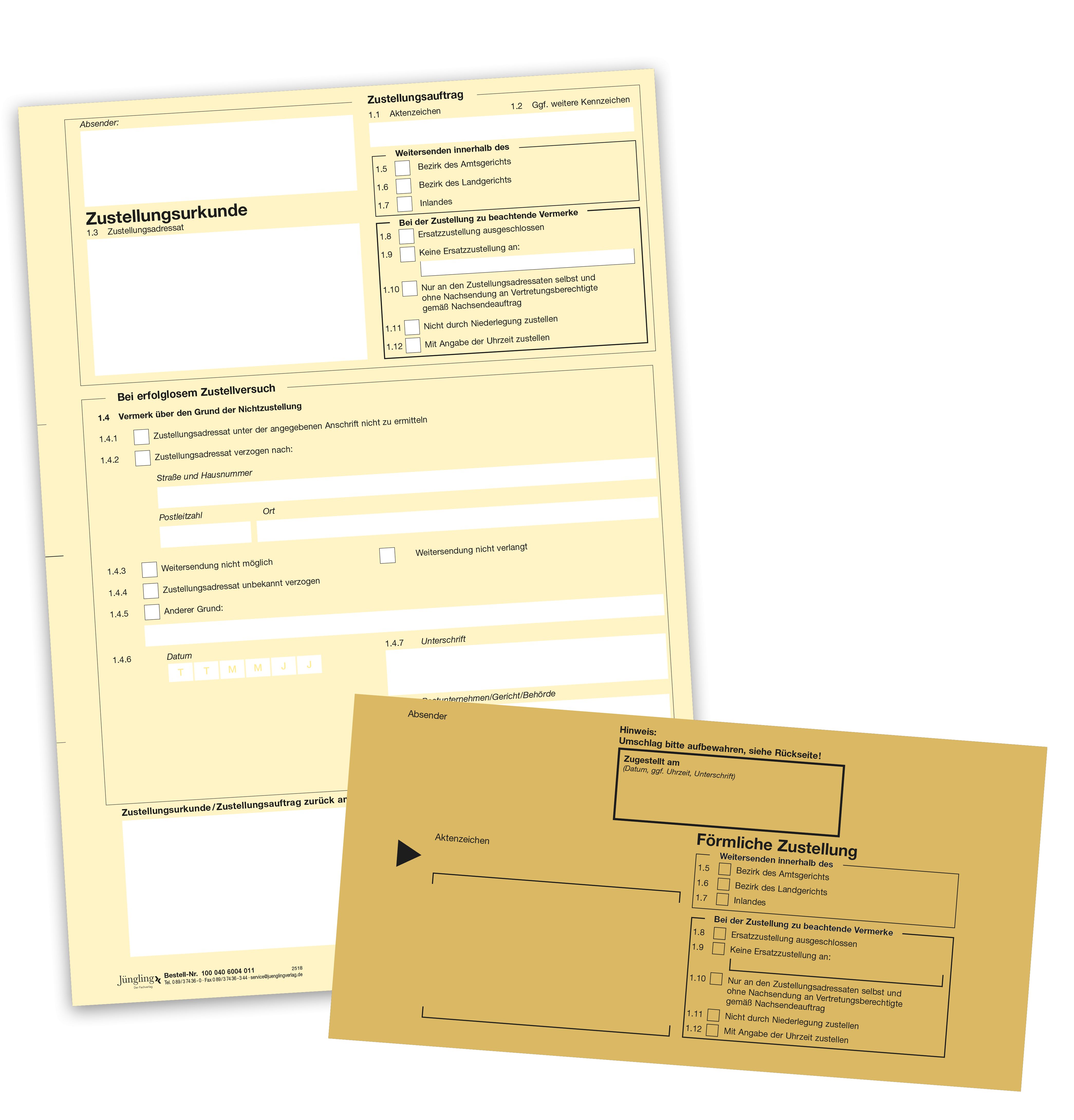 Set Zustellungsurkunde, A4 gelb, laserdruckergeeignet, Eindruck Deutsche Post AG, mit innerem Umschlag und Kohlepapier, 114 x 229 mm
