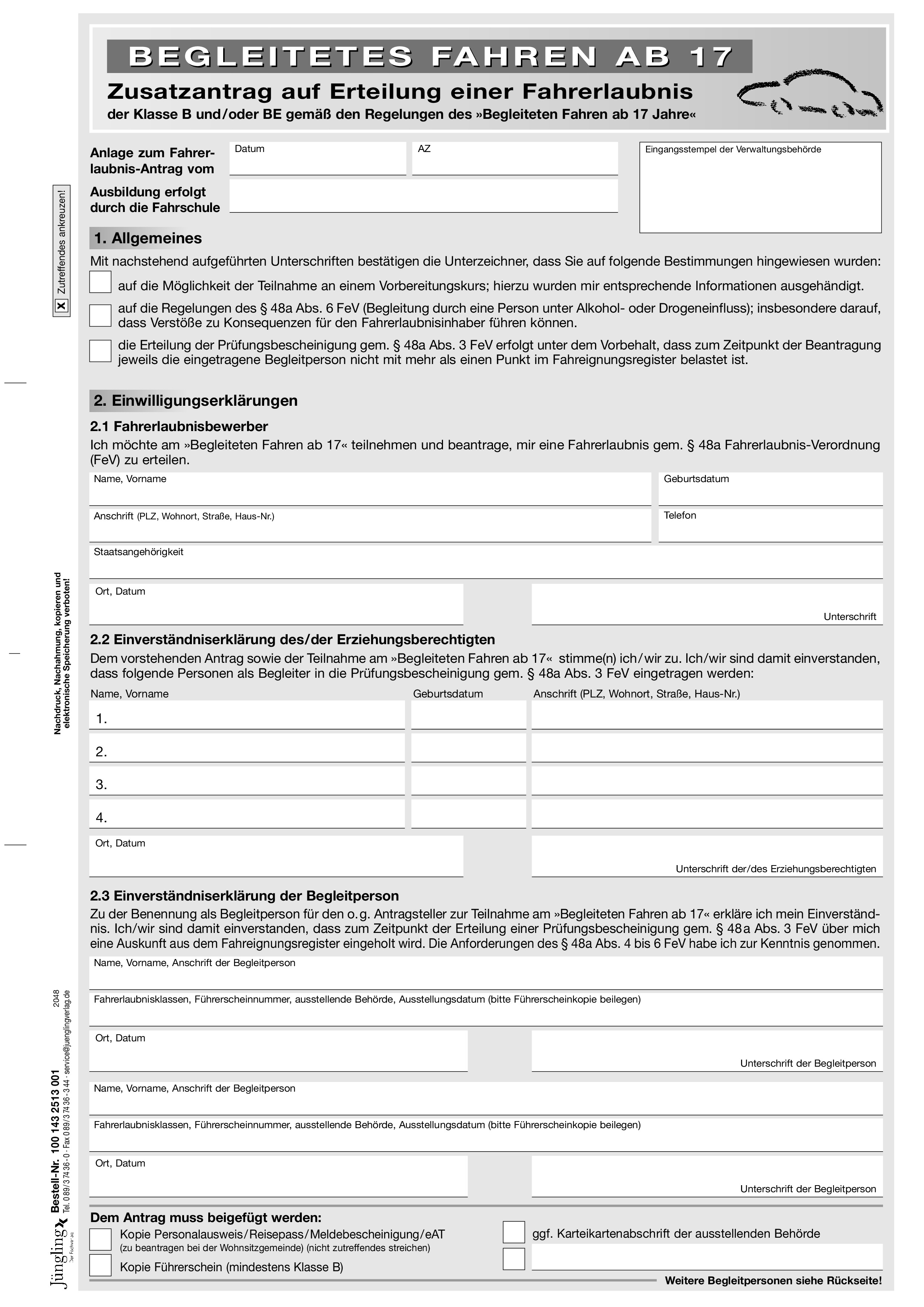 Zusatzantrag auf Erteilung einer Fahrerlaubnis Begleitetes Fahren ab 17 (mit Zustimmungserklärung), A4, 2-seitig