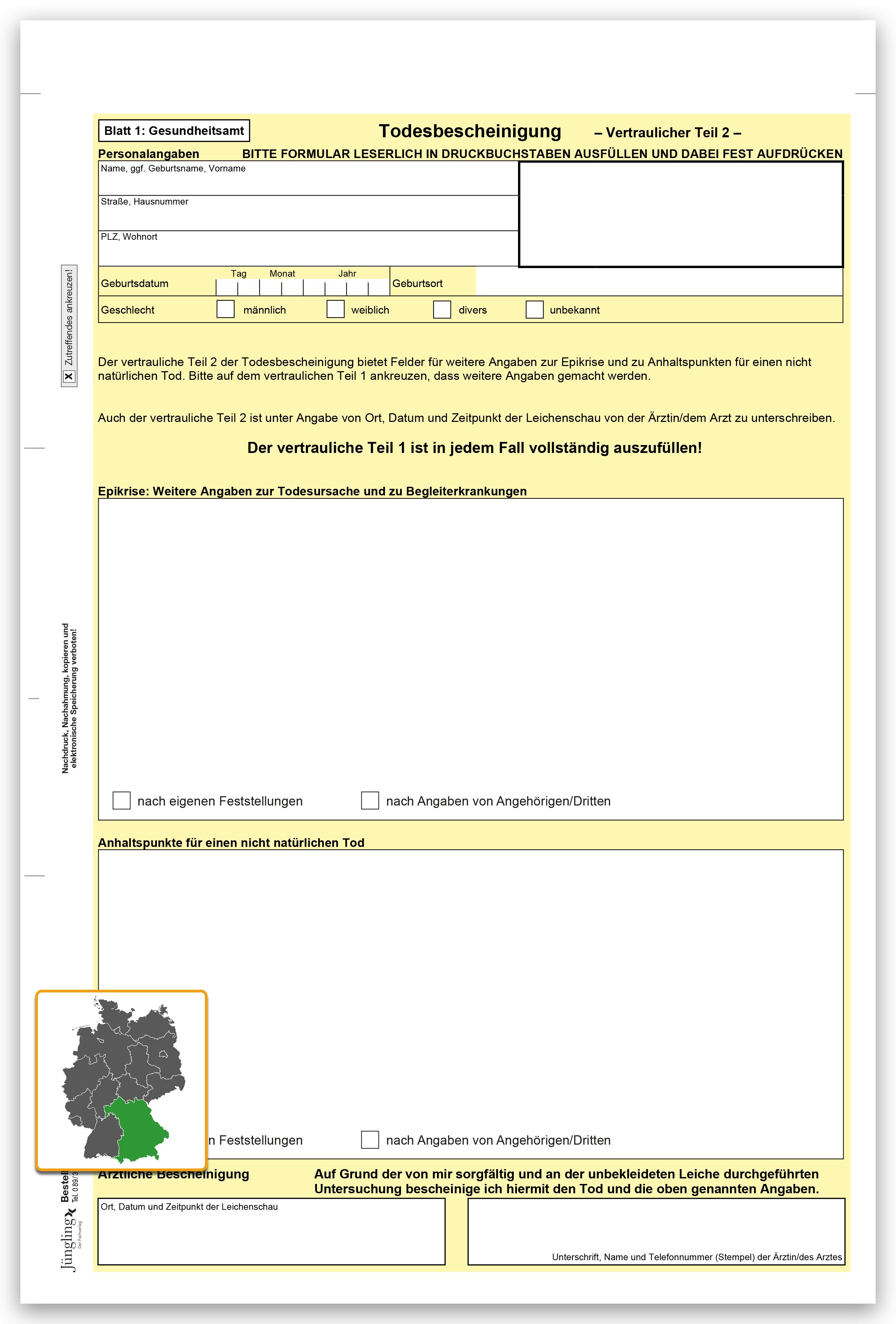 Todesbescheinigung, Vertraulicher Teil 2, Bayern, A4 5-fach (2025)