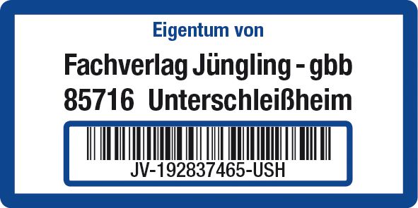 Inventaretikett mit Barcode und Klarschrift - Blau