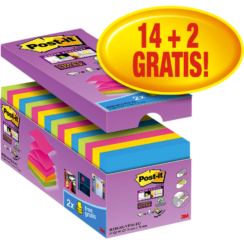 14 + 2 GRATIS! 16 Blöcke Post-it® Haftnotizen Super Sticky Z-Notes, 76 x 76 mm, farbsortiert