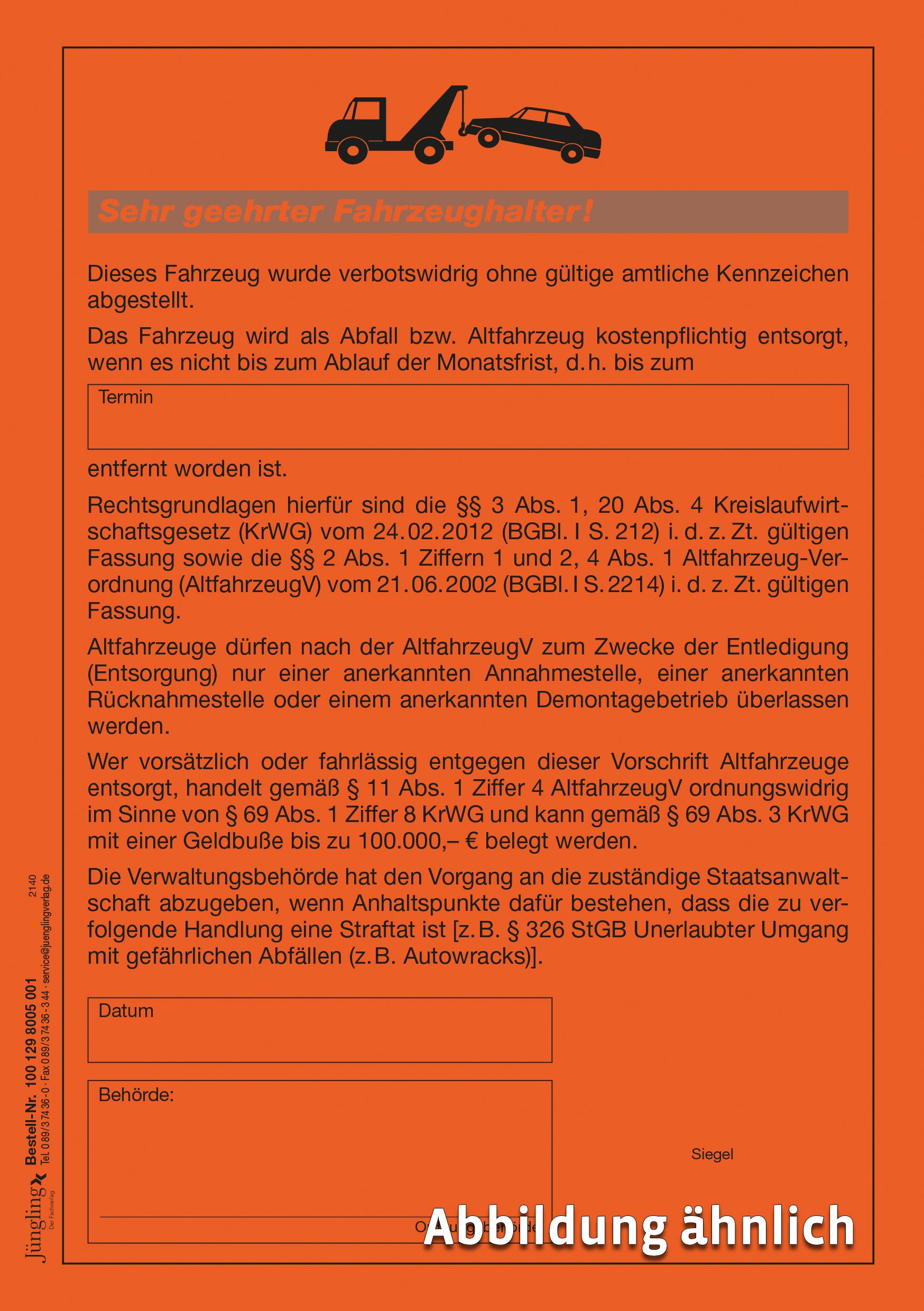 Aufkleber für verbotswidrig abgestellte Fahrzeuge, DIN A5, leuchtrot