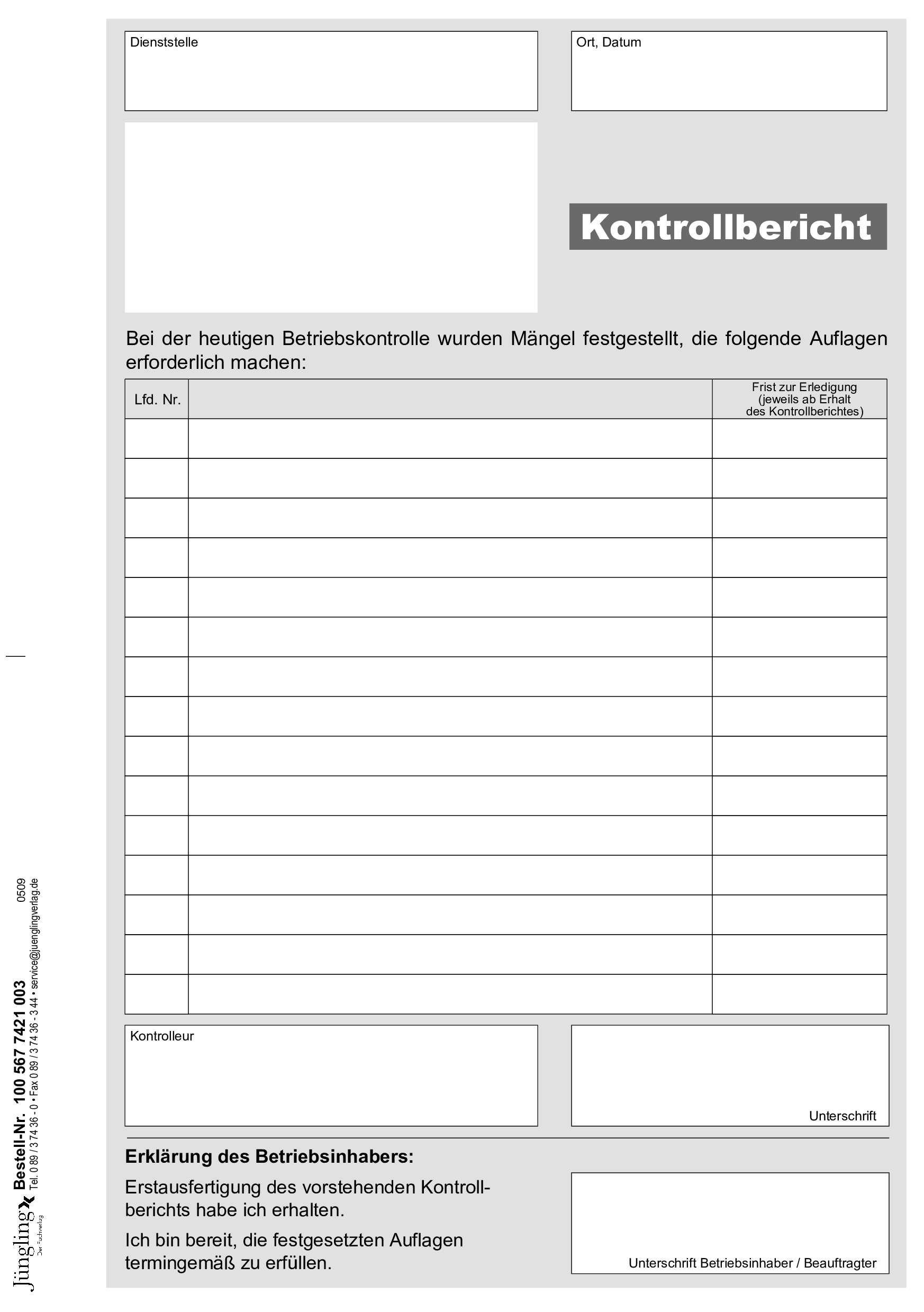 Kontrollbericht Betriebskontrolle, 3-fach Durchschlag, A5