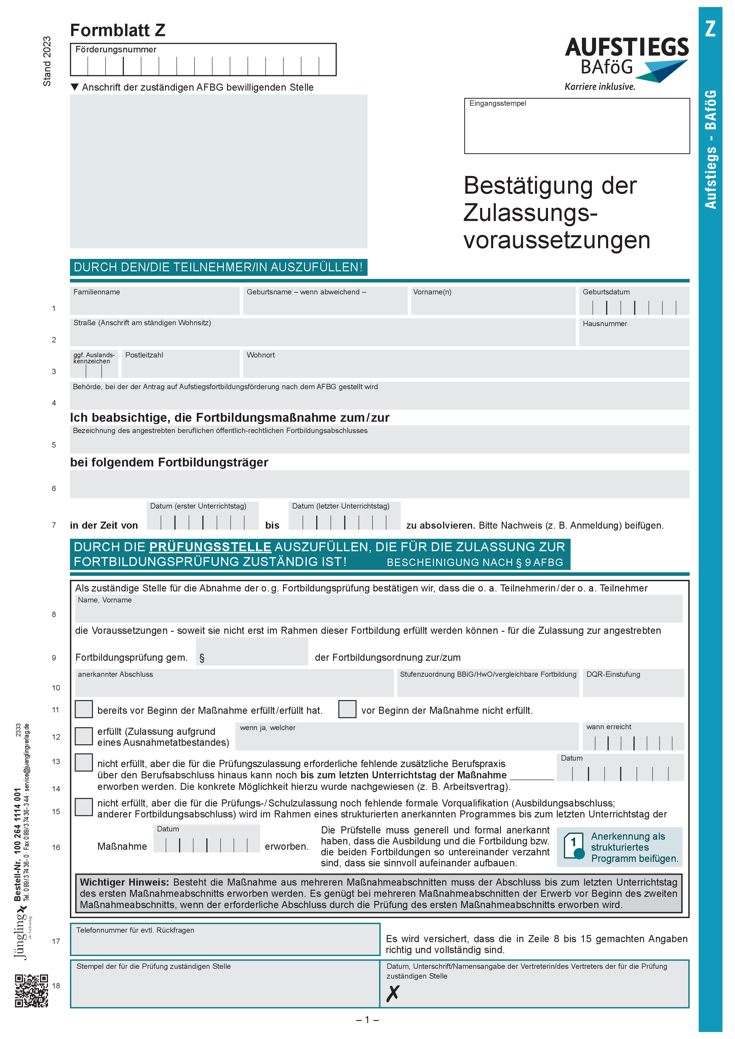 Formblatt Z - Bestätigung der Zulassungsvoraussetzungen