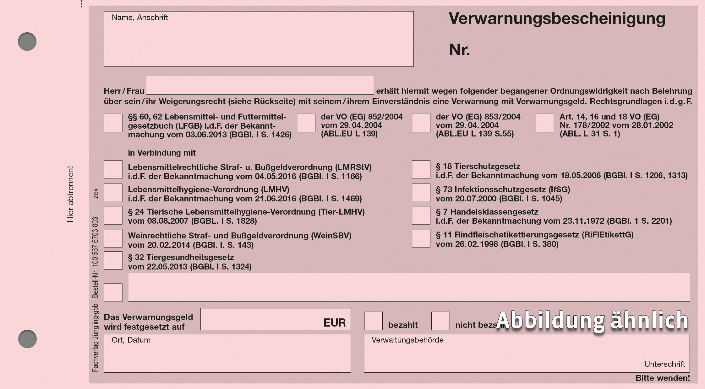 Verwarnungsbescheinigung Lebensmittelüberwachung, DIN lang 3-fach