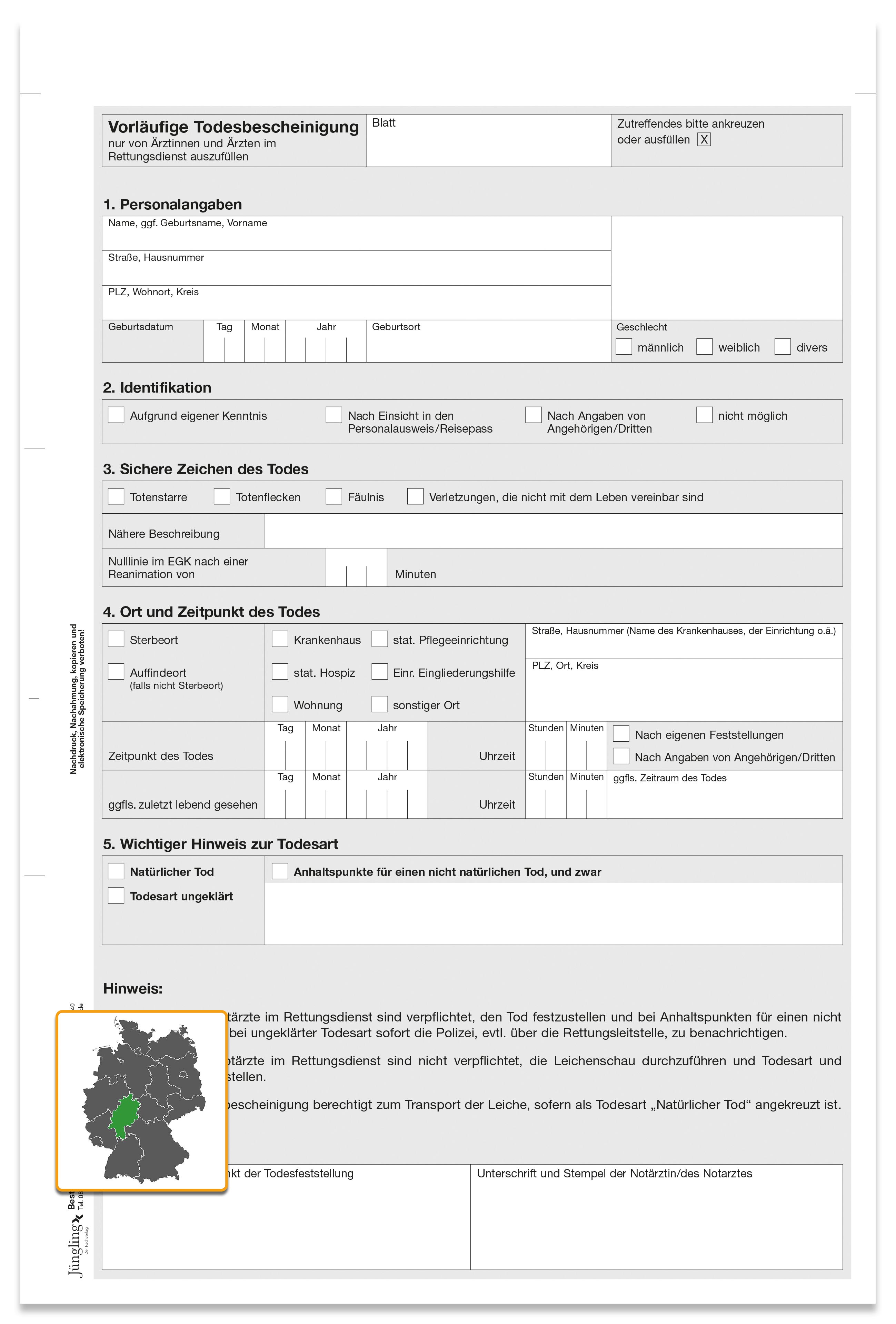 Vorläufige Todesbescheinigung Hessen, 3-fach, SD