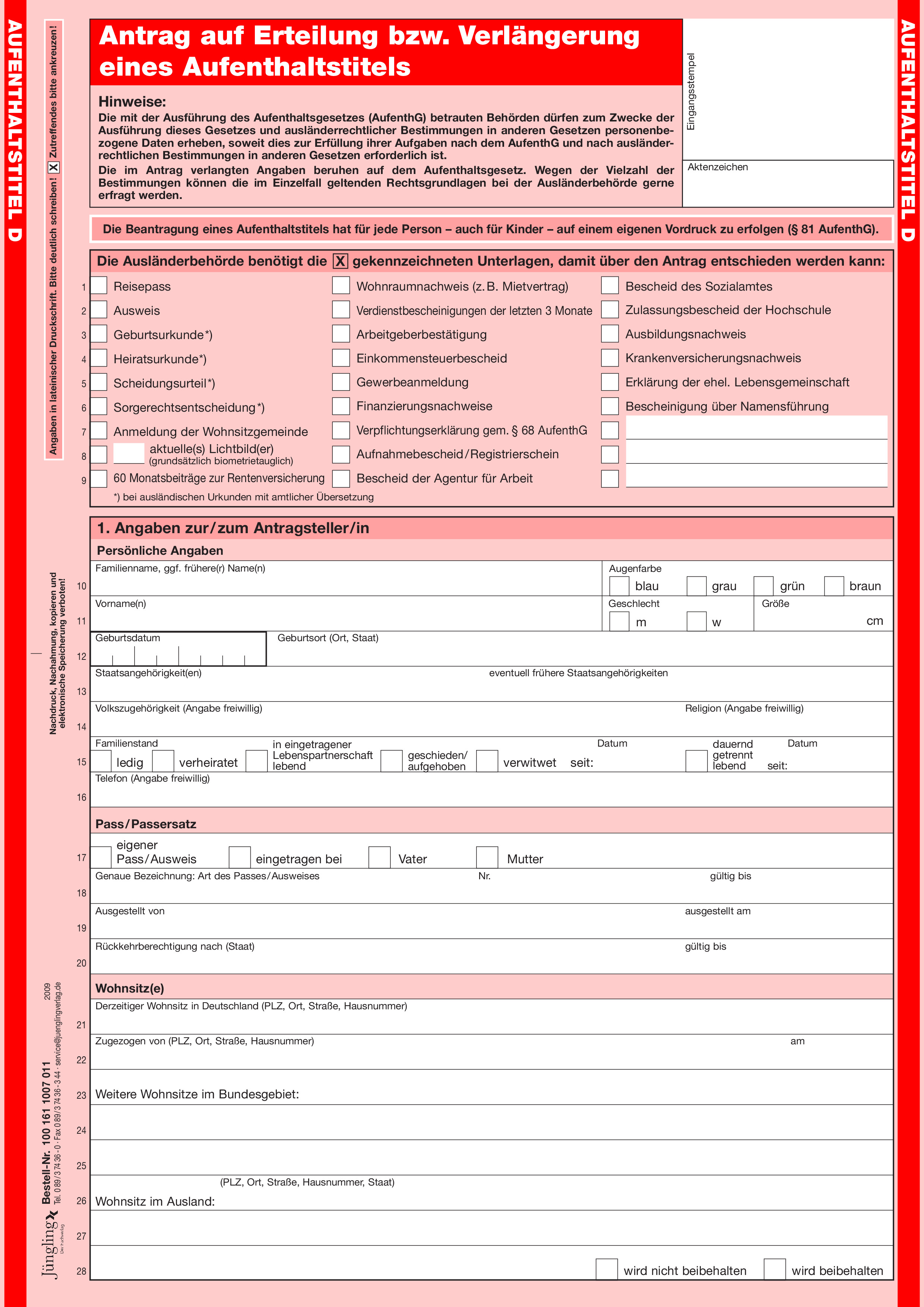 Antrag auf Erteilung bzw. Verlängerung eines Aufenthaltstitels
