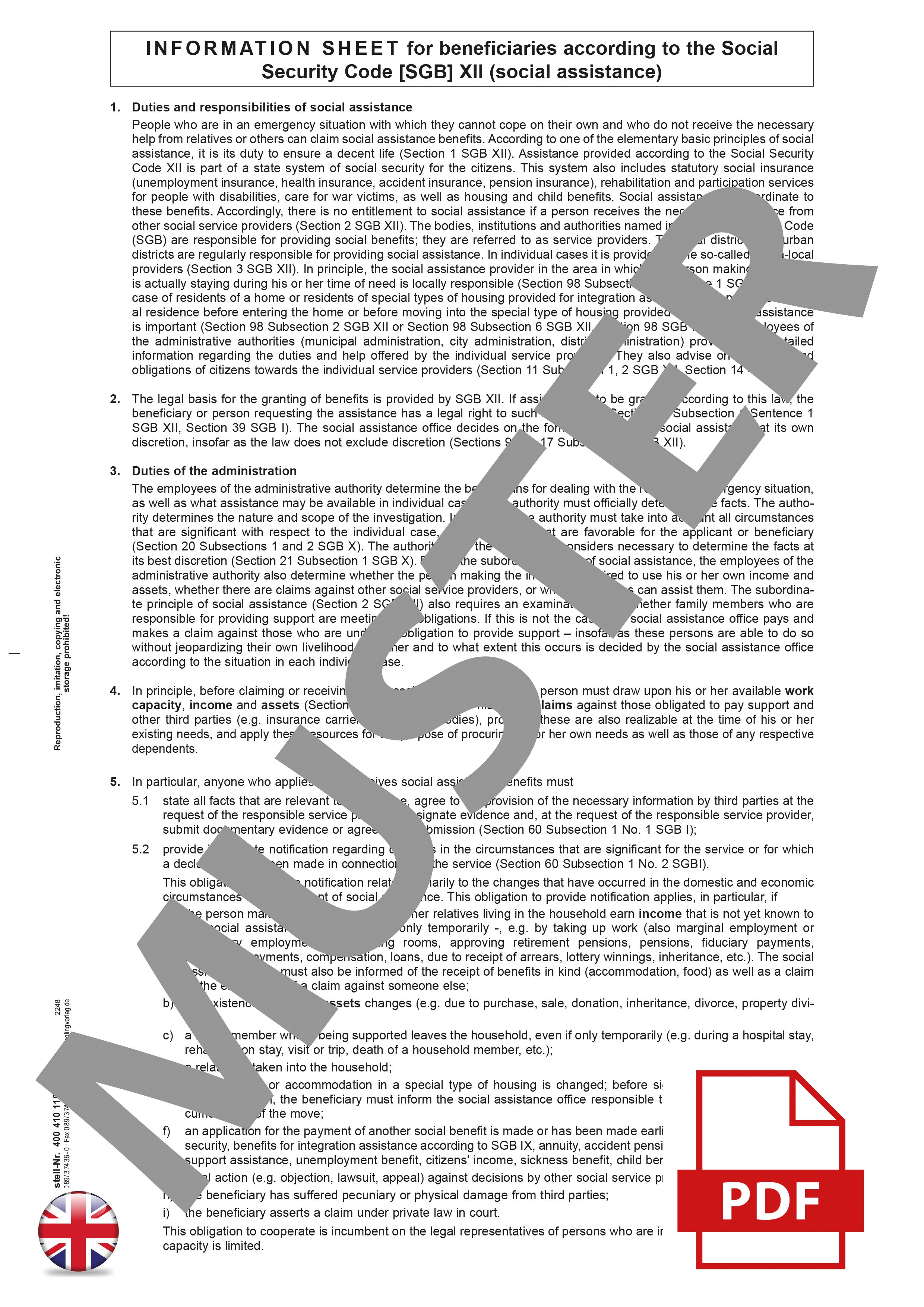 Merkblatt für Leistungsberechtigte nach dem SGB XII, A4, Englisch