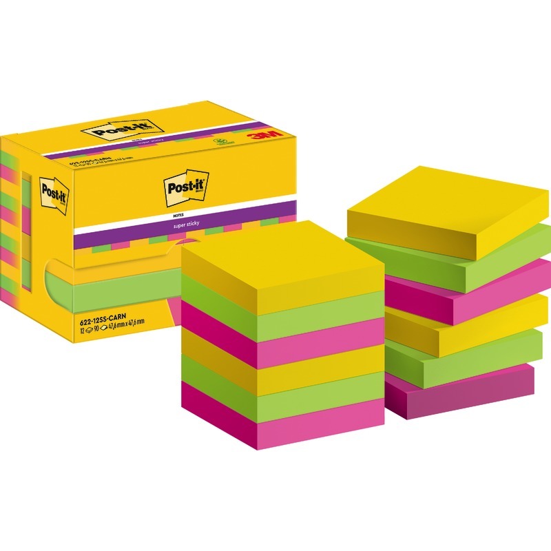 Post-it® Haftnotizen Super Sticky Notes, 48 x 48 mm, farbsortiert, 12 Blöcke - Carnival bunt