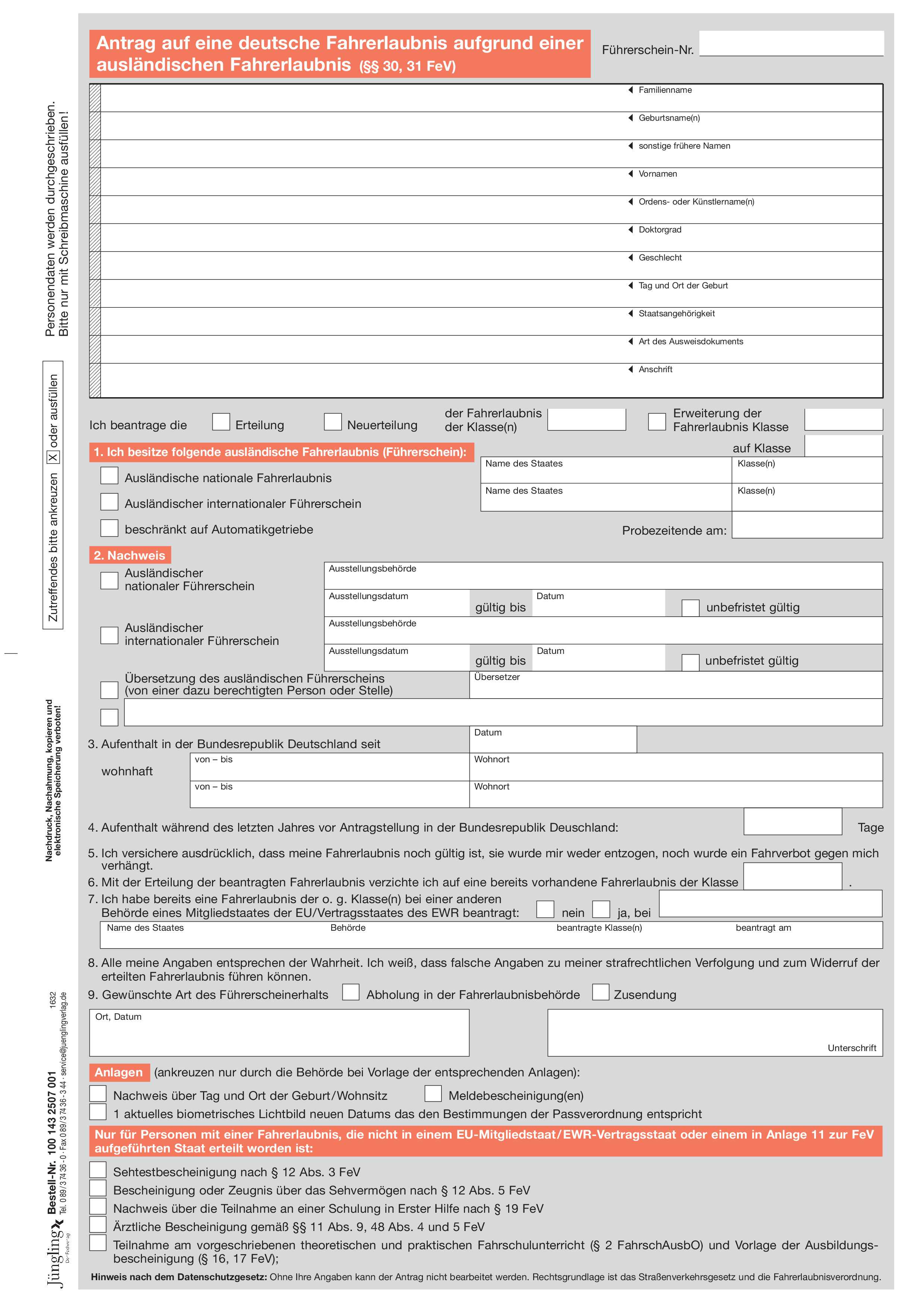 Antrag auf eine deutsche Fahrerlaubnis aufgrund einer ausländischen Fahrerlaubnis (§§ 30, 31 FEV), A4