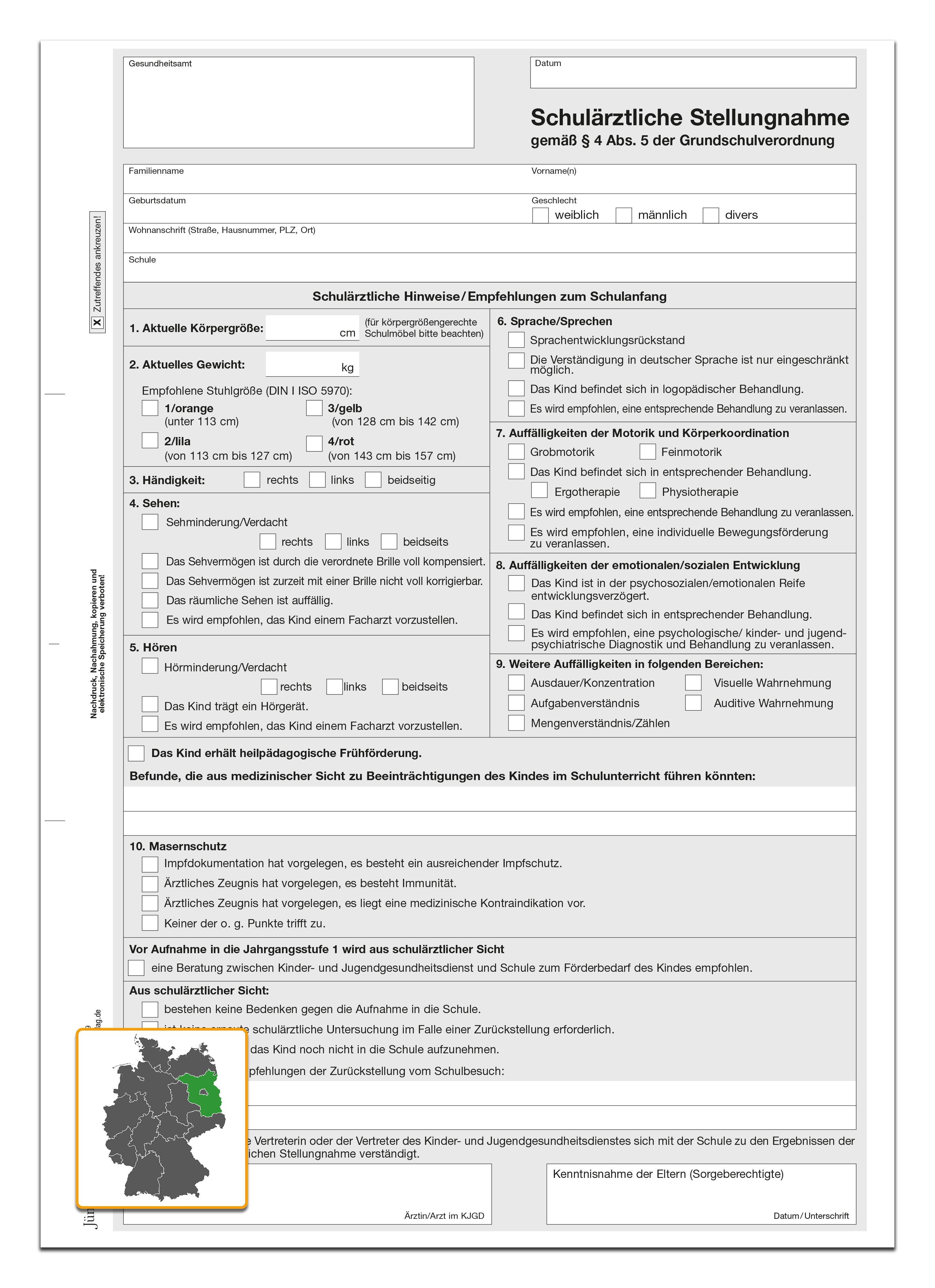 Schulärztliche Stellungnahme gemäß § 4 Grundschulverordnung, 2-fach SD