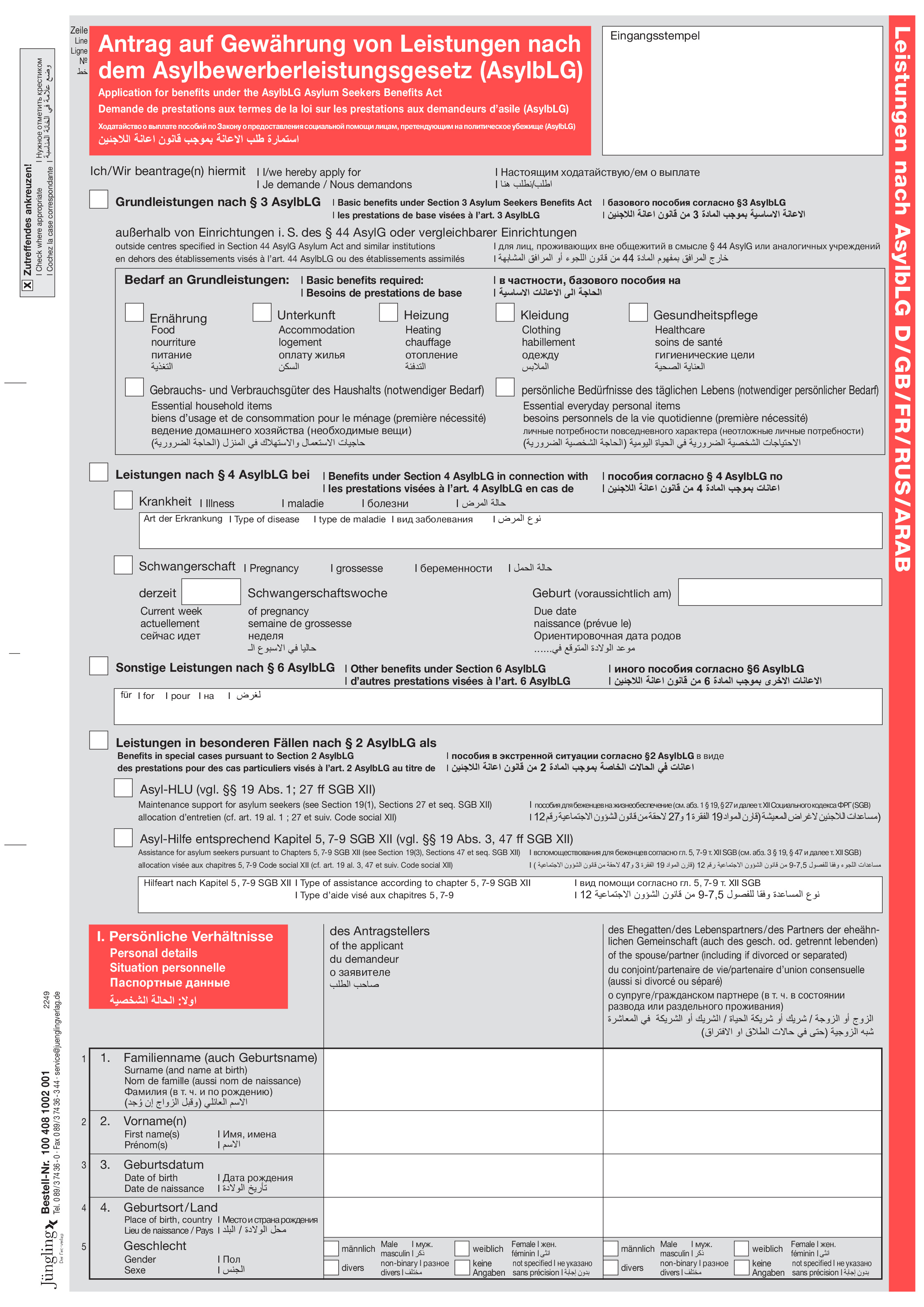 Antrag auf Leistungen nach dem AsylbLG , D-EN-FR-RUS-ARAB, 8-seitig, A4