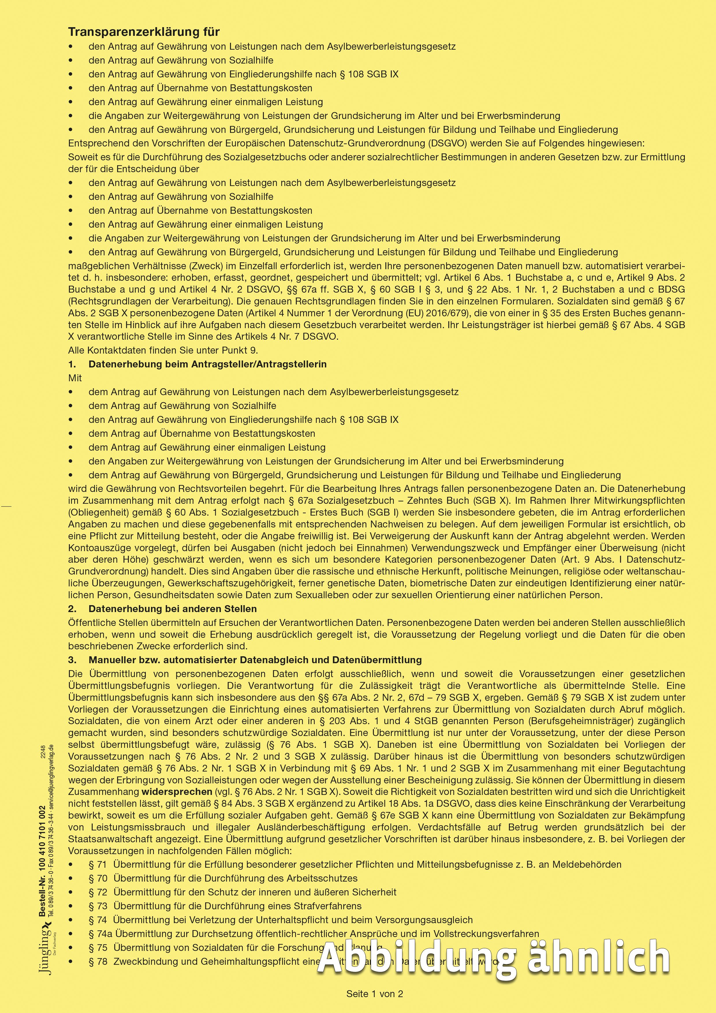 DSGVO Transparenzerklärung für Sozialhilfe-Anträge, A4, 2-fach, gelb