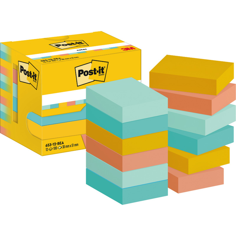Post-it® Notes, Energetic Collection, 38 mm x 51 mm, 100 Blatt/Block, 12 Blöcke/Packung - Beachside bunt