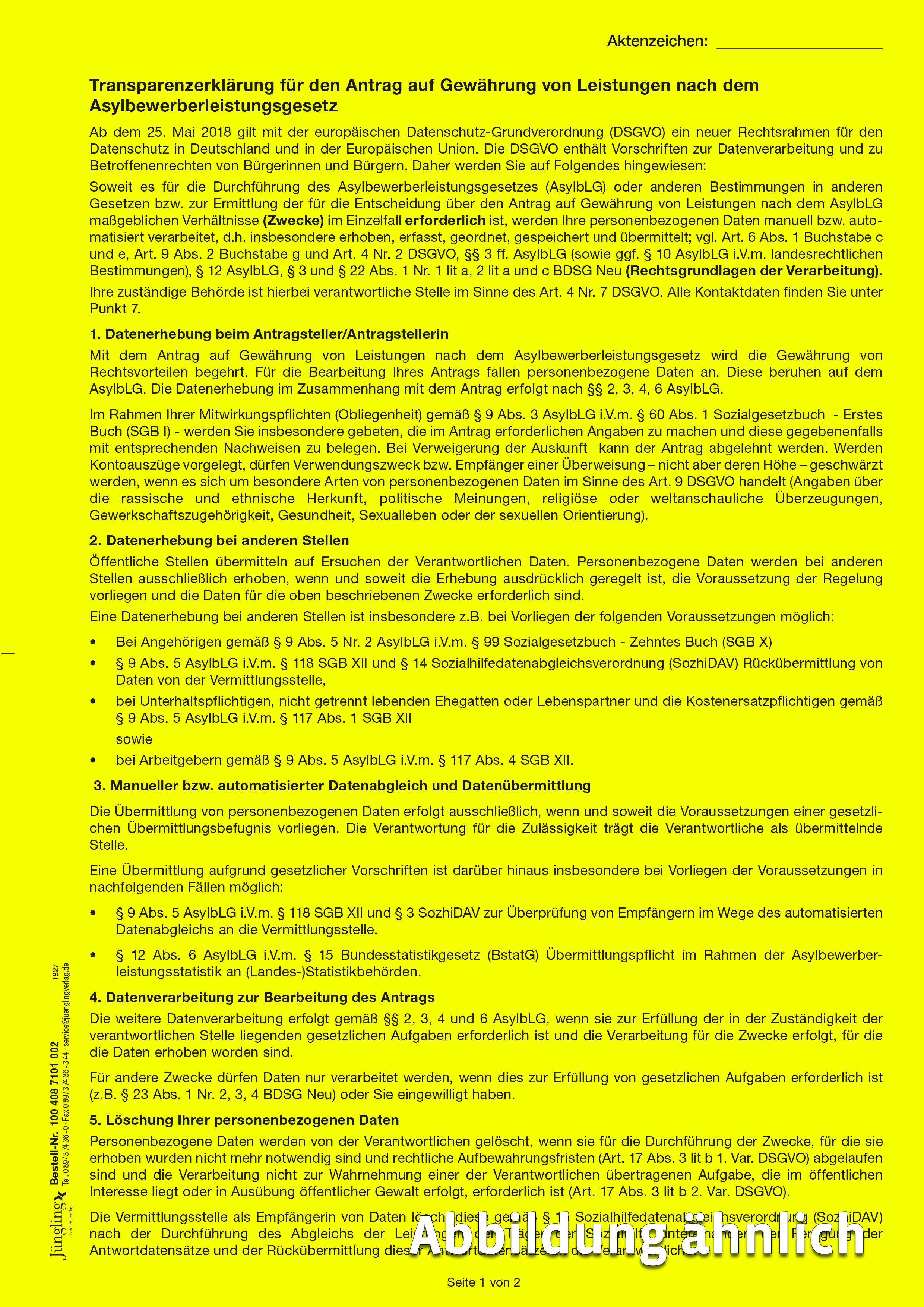 DSGVO Transparenzerklärung für AsylbLG-Antrag, A4, 2-fach, gelb
