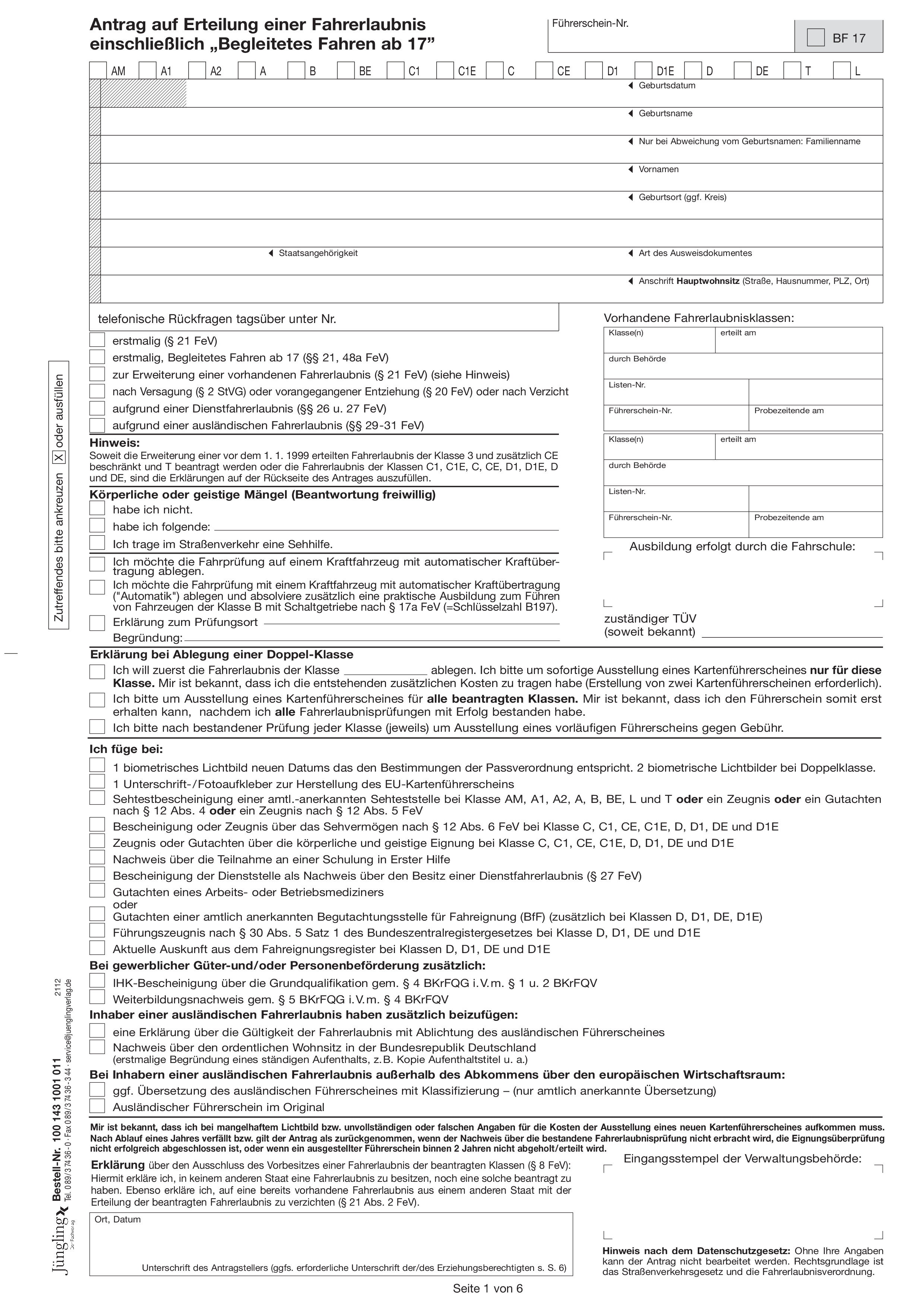 Antrag auf Erteilung einer Fahrerlaubnis/Begleitetes Fahren ab 17, A4, 6-seitig