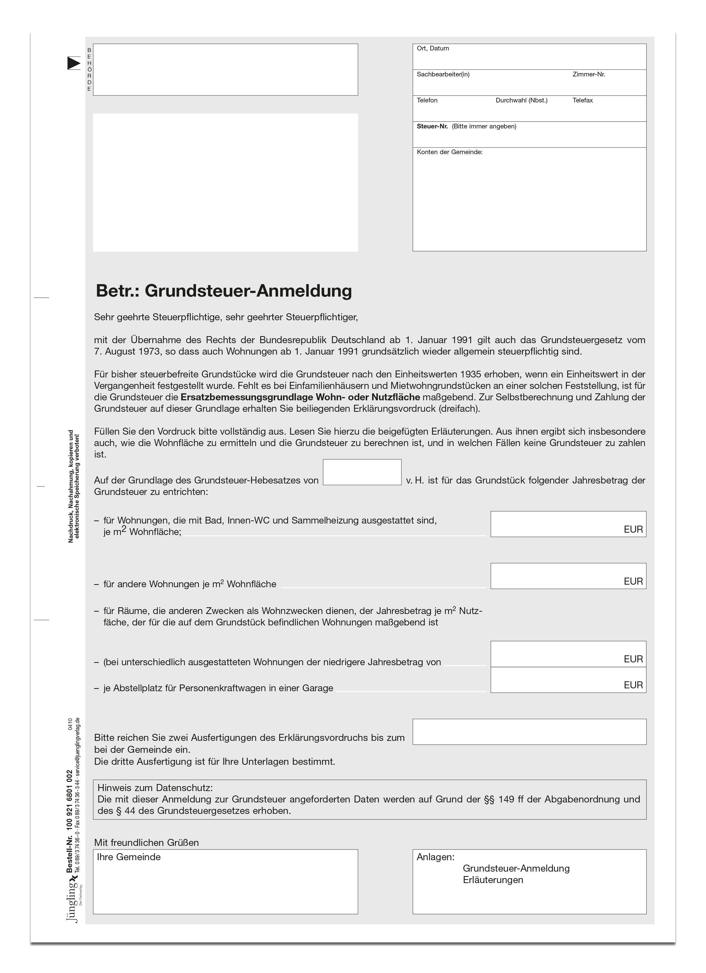 Anschreiben Grundsteueranmeldung (Neue Länder), A4, 2-fach SD-Formular