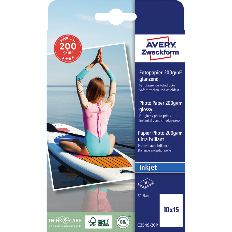 AVERY Zweckform Everyday Inkjet Fotopapier, glänzend, 10 x15, 200 g/m², Packung: 50 Blatt