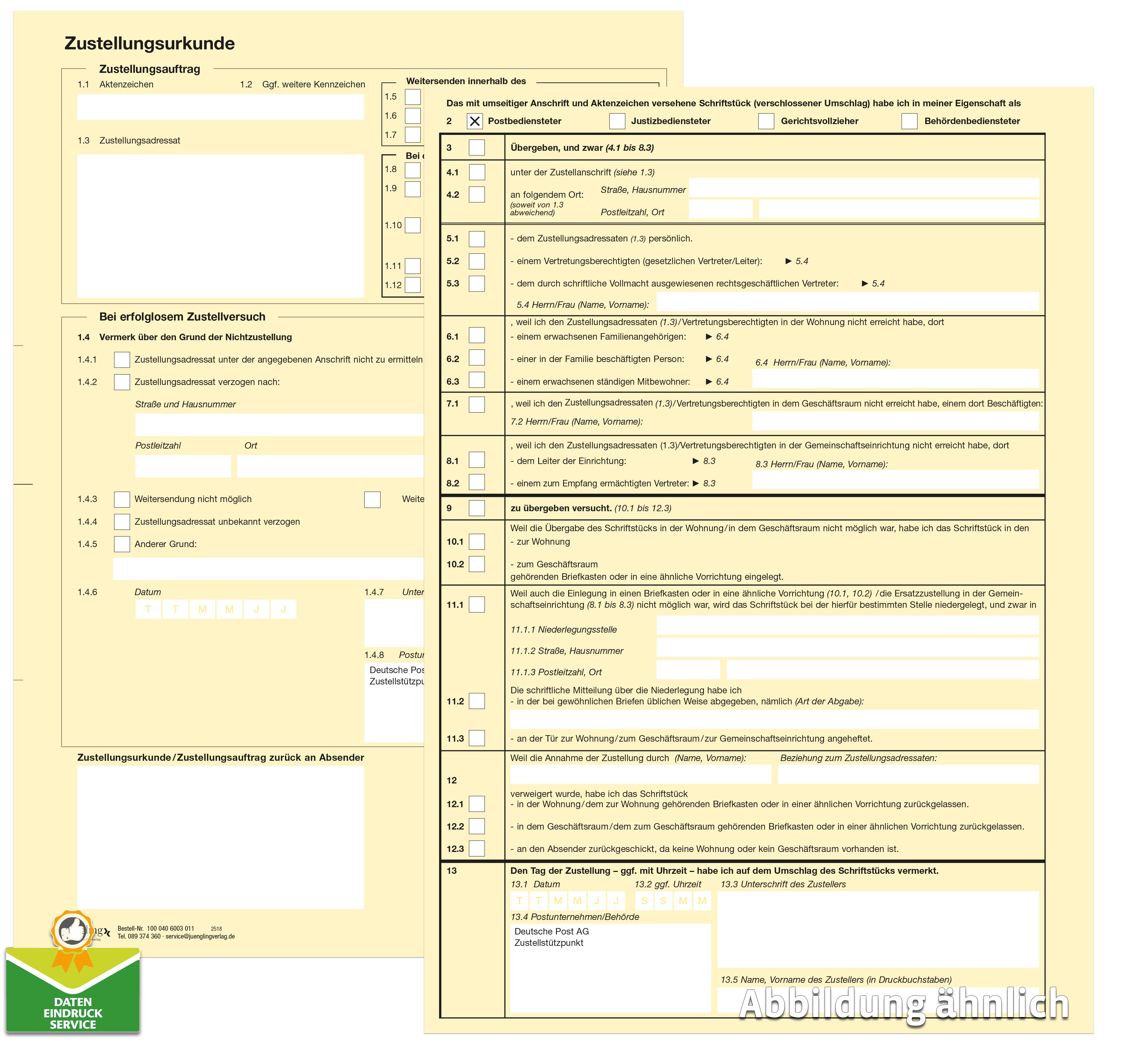 Zustellungsurkunde mit Eindruck Deutsche Post AG, A4, gelb, laserdruckergeeignet