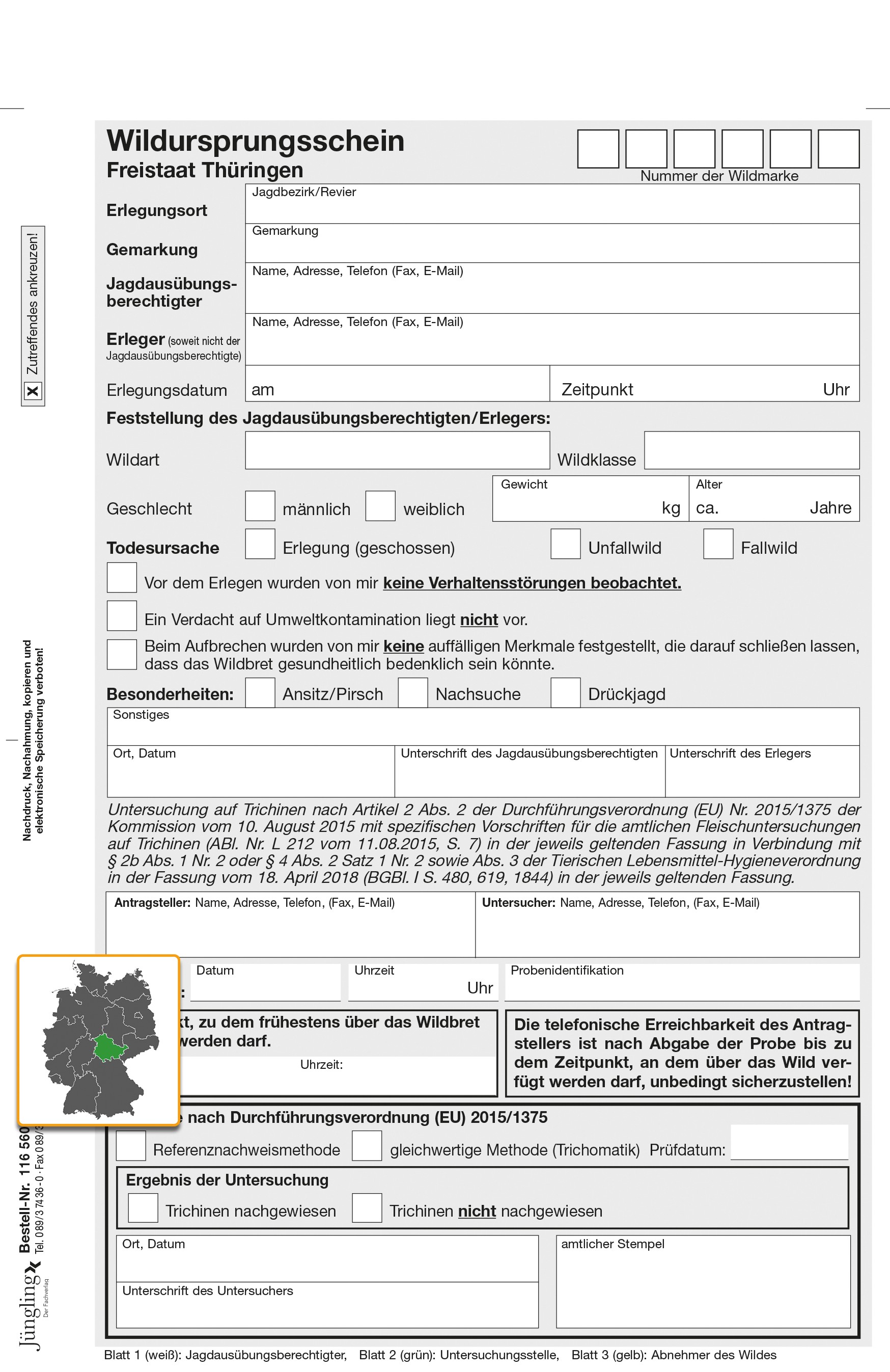 Wildursprungsschein, DIN A5, SD, 3-fach, VO (EU) 2015/1375