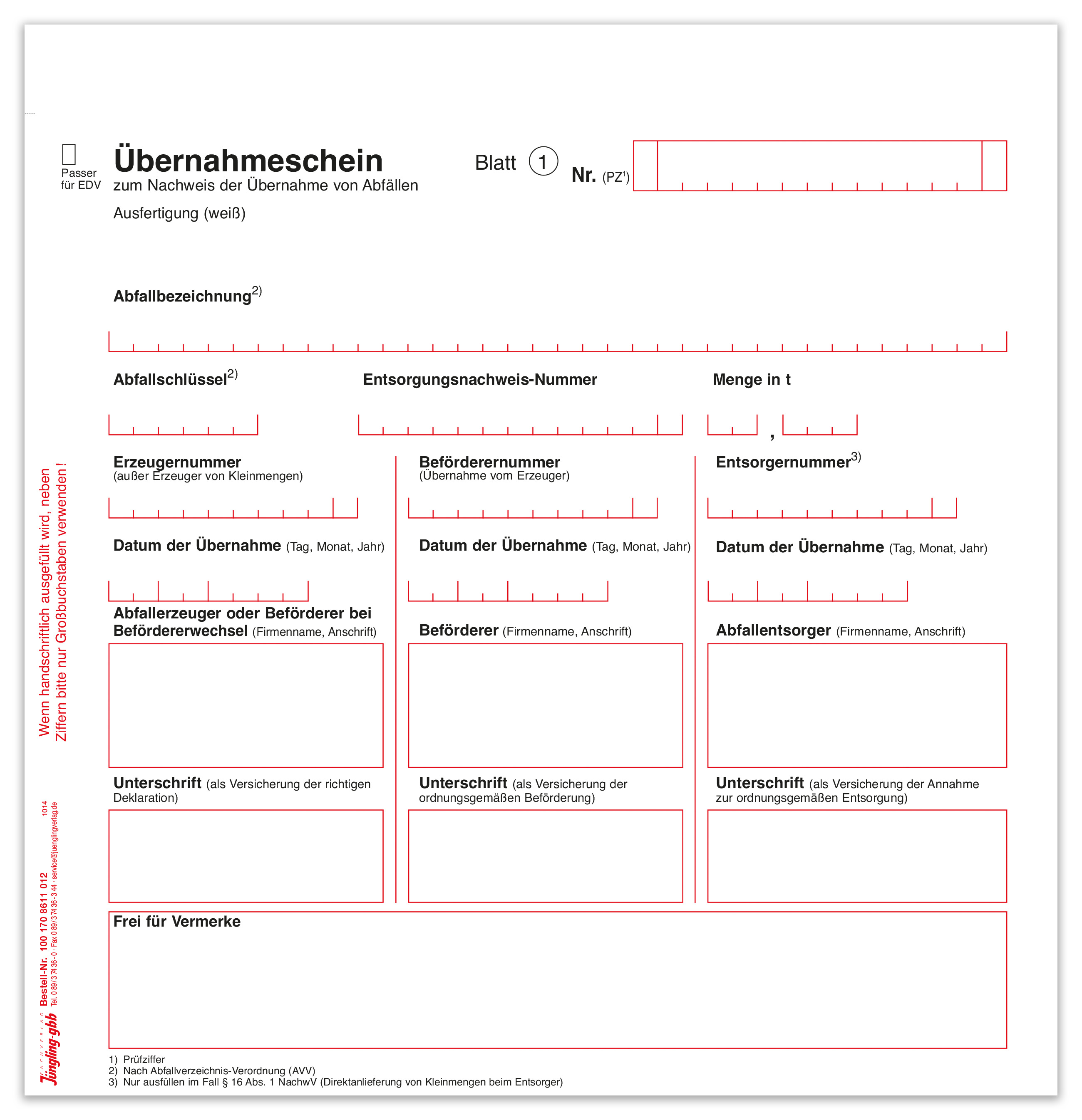 Übernahmeschein, SD-Papier, laserdruckergeeignet, nummeriert, mit Prüfzifferberechnung, 2-fach SD, zu je 100 Satz eingeschweißt