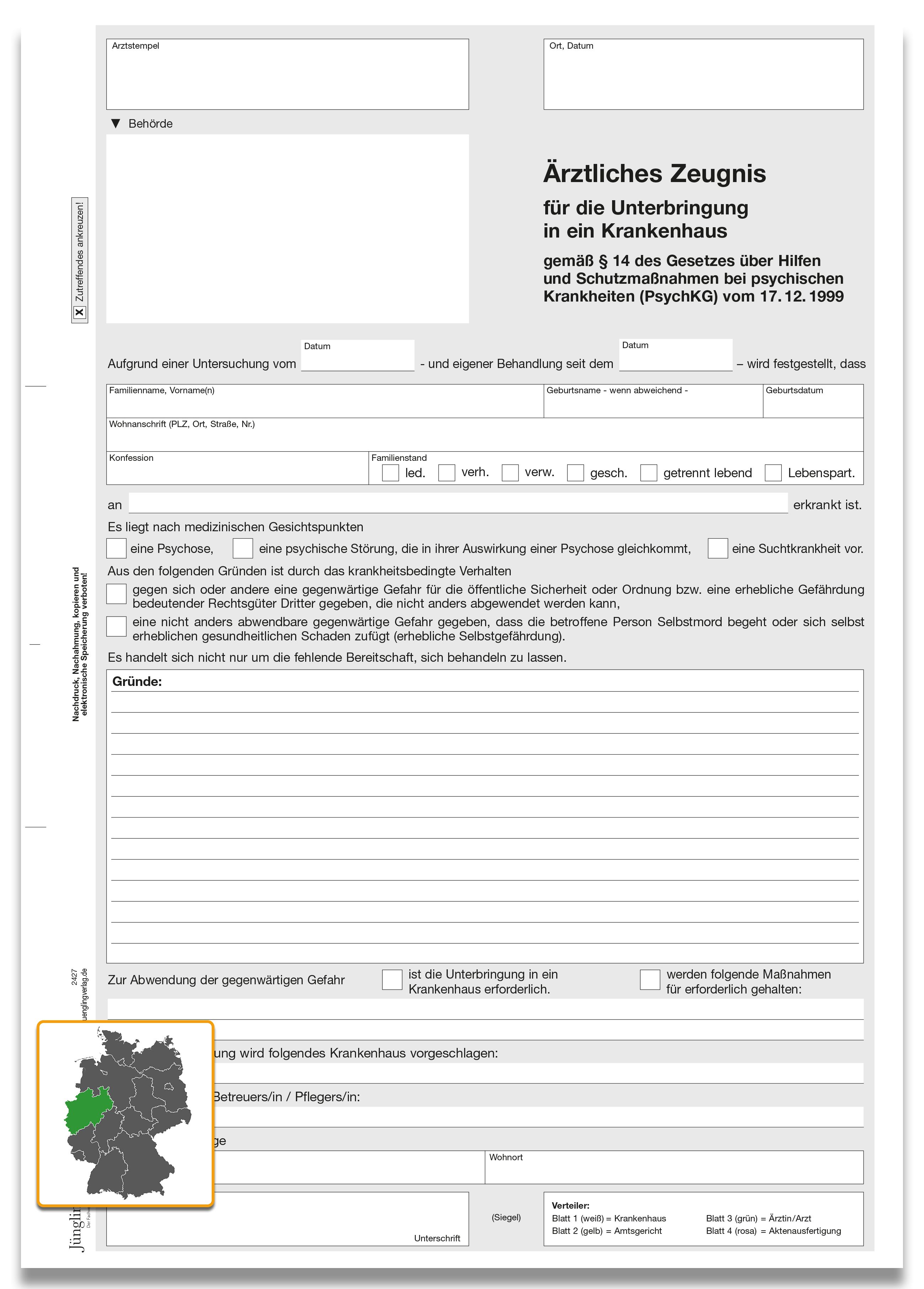 Ärztliches Zeugnis für Unterbringung in ein Krankenhaus, A4, 4-fach SD