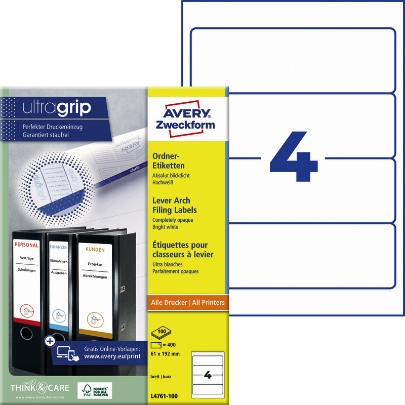AVERY® Zweckform Ordner-Etiketten L4761-100, breit, kurz, weiß, 192x61mm, Pack: 400 Stück
