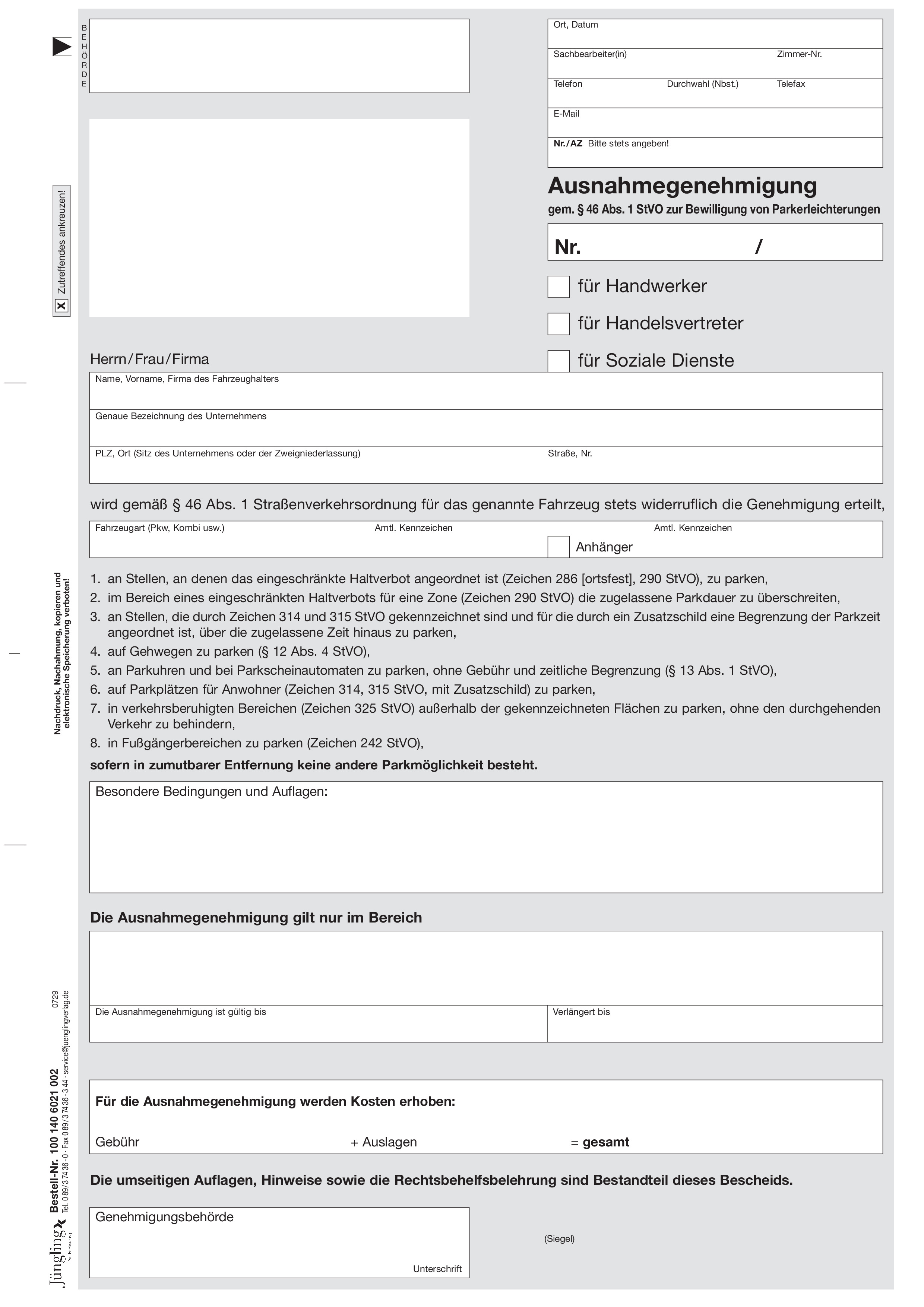 Ausnahmegenehmigung gem. § 46 Abs. 1 StVO für Handwerker, Handelsvertreter, Soziale Dienste, A4, 2-seitig, 2-fach 