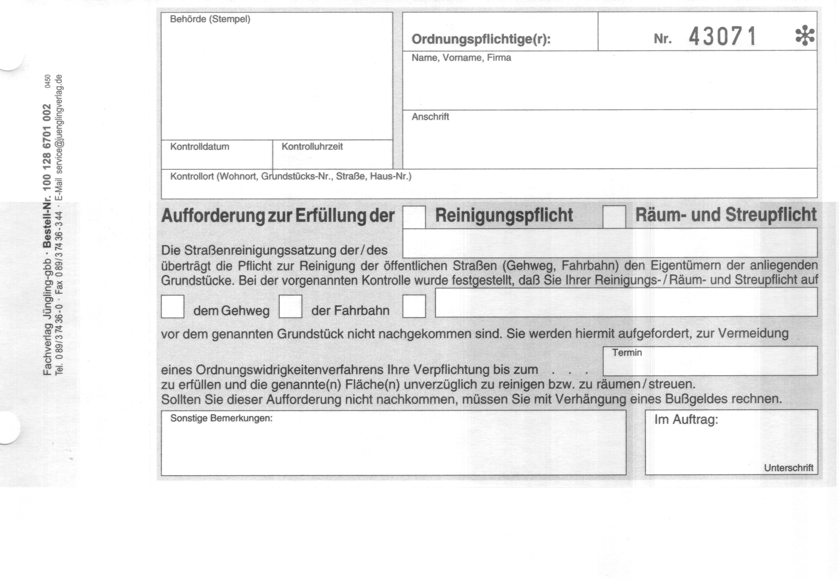 Aufforderung Reinigungs-/Räum-/Streupflicht, 2-fach SD, 190 x 105 mm