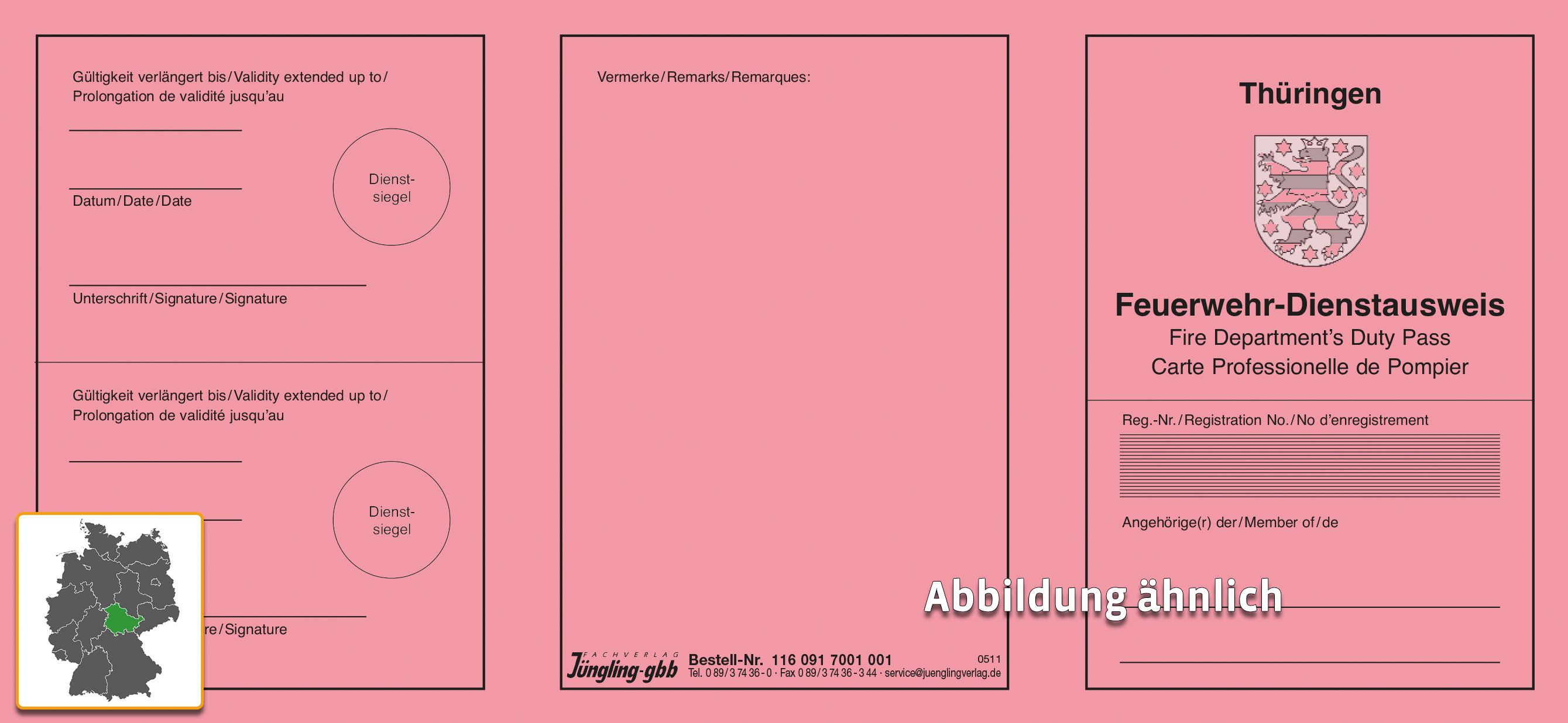 Feuerwehrdienstausweis, 3-sprachig, mit Wappen Thüringen, rot