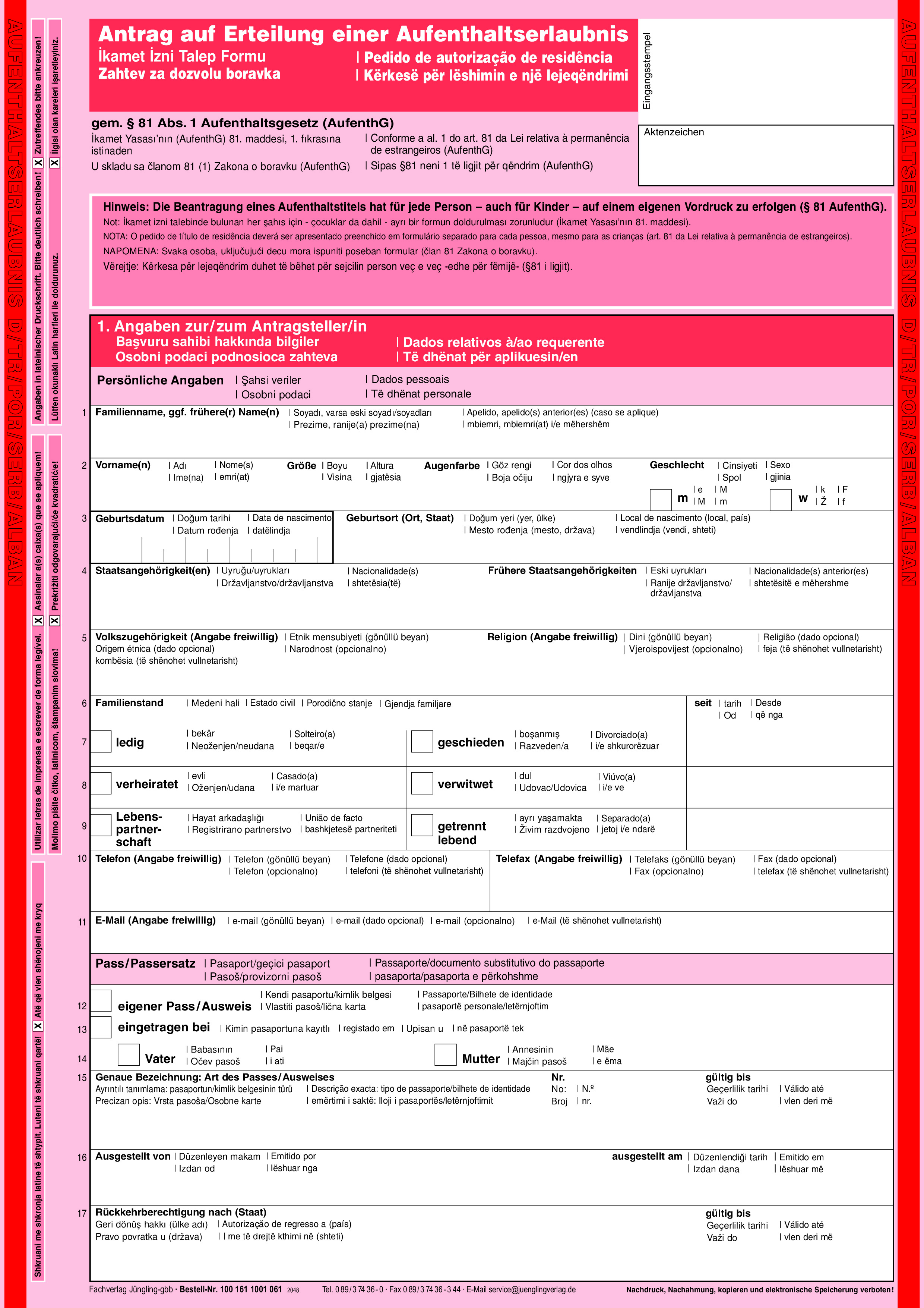 Antrag auf Erteilung einer Aufenthaltserlaubnis, Deutsch-Türkisch-Portugiesisch-Serbisch-Albanisch