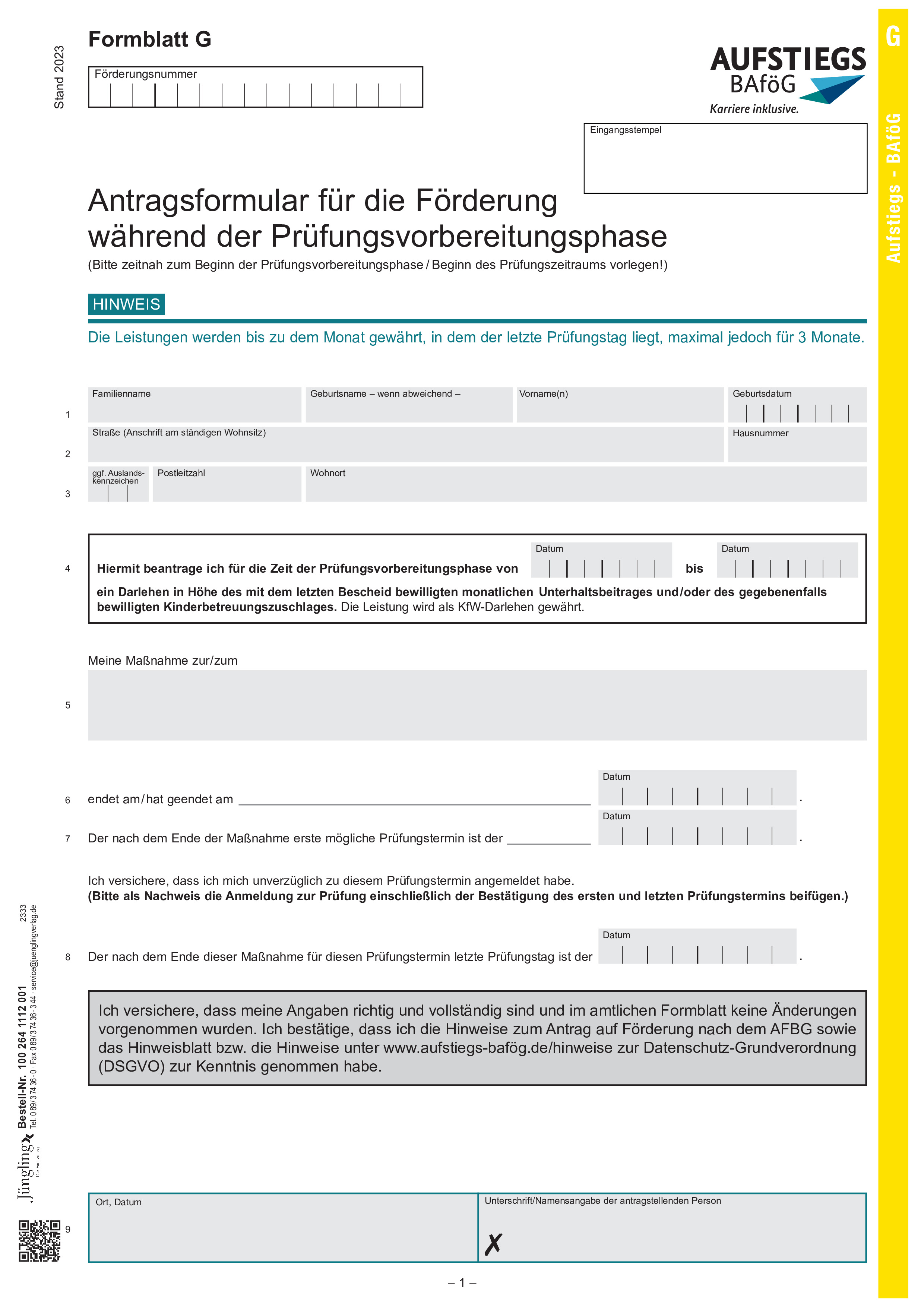 Formblatt G - Antragsformular für die Förderung während der Prüfungsvorbereitungsphase, gelb, A4, 1-seitig, mit Lochung