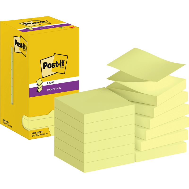 Post-it® Super Sticky Z-Notes, Gelb, 76 mm x 76 mm, 12 Blöcke/Packung