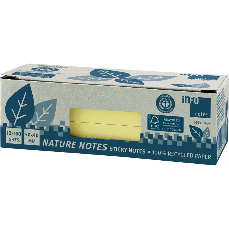 INFO NOTES Recycling Haftnotizen Nature Notes, gelb, 50 x 40 mm, 12 Blöcke à 100 Blatt
