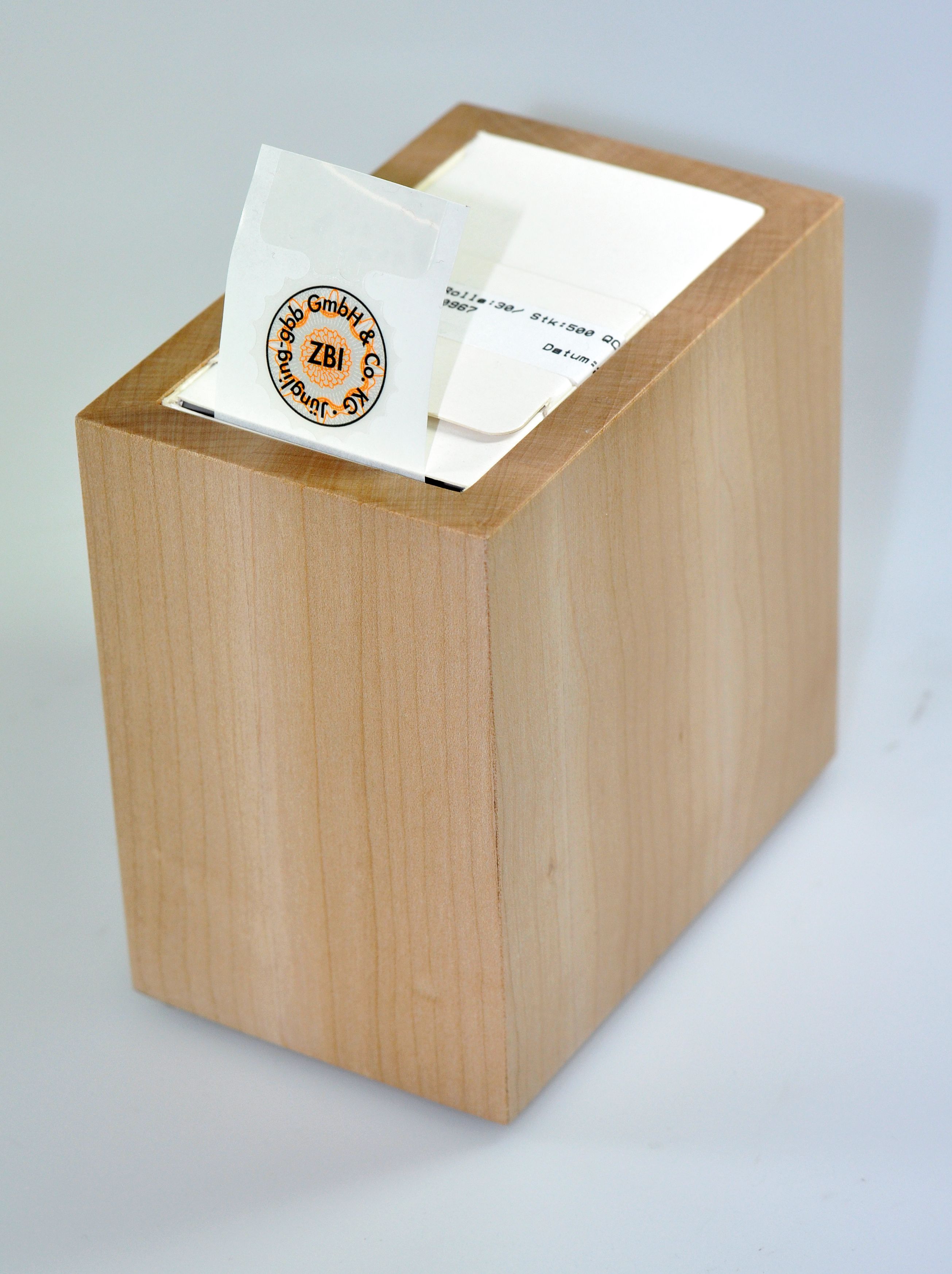 Holzspendebox für Dokumentenklebesiegel Holzspendebox für Dokumentenklebesiegel