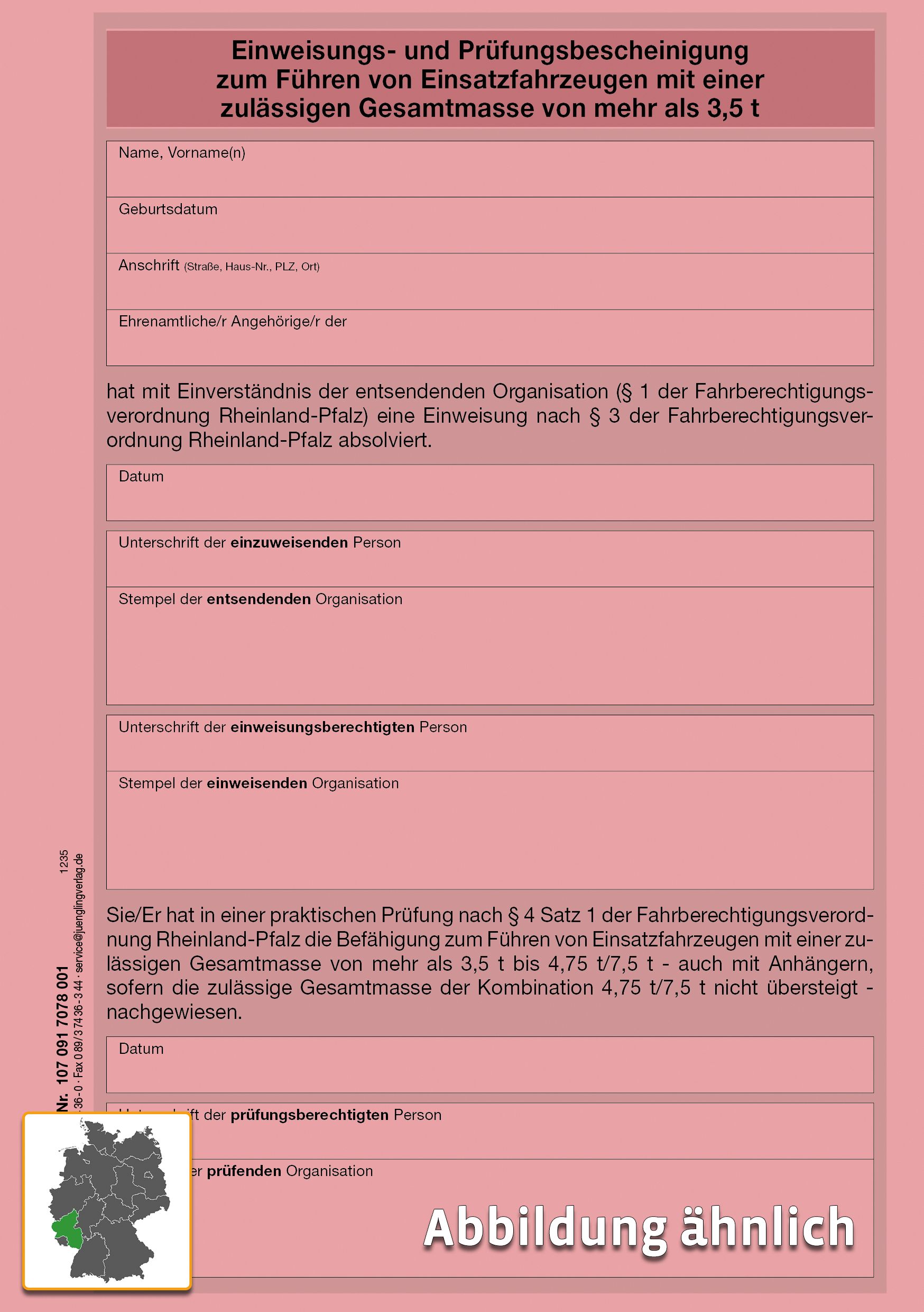 Einweisungs- und Prüfungsbescheinigung für Einsatzfahrzeuge über 3, 5 t