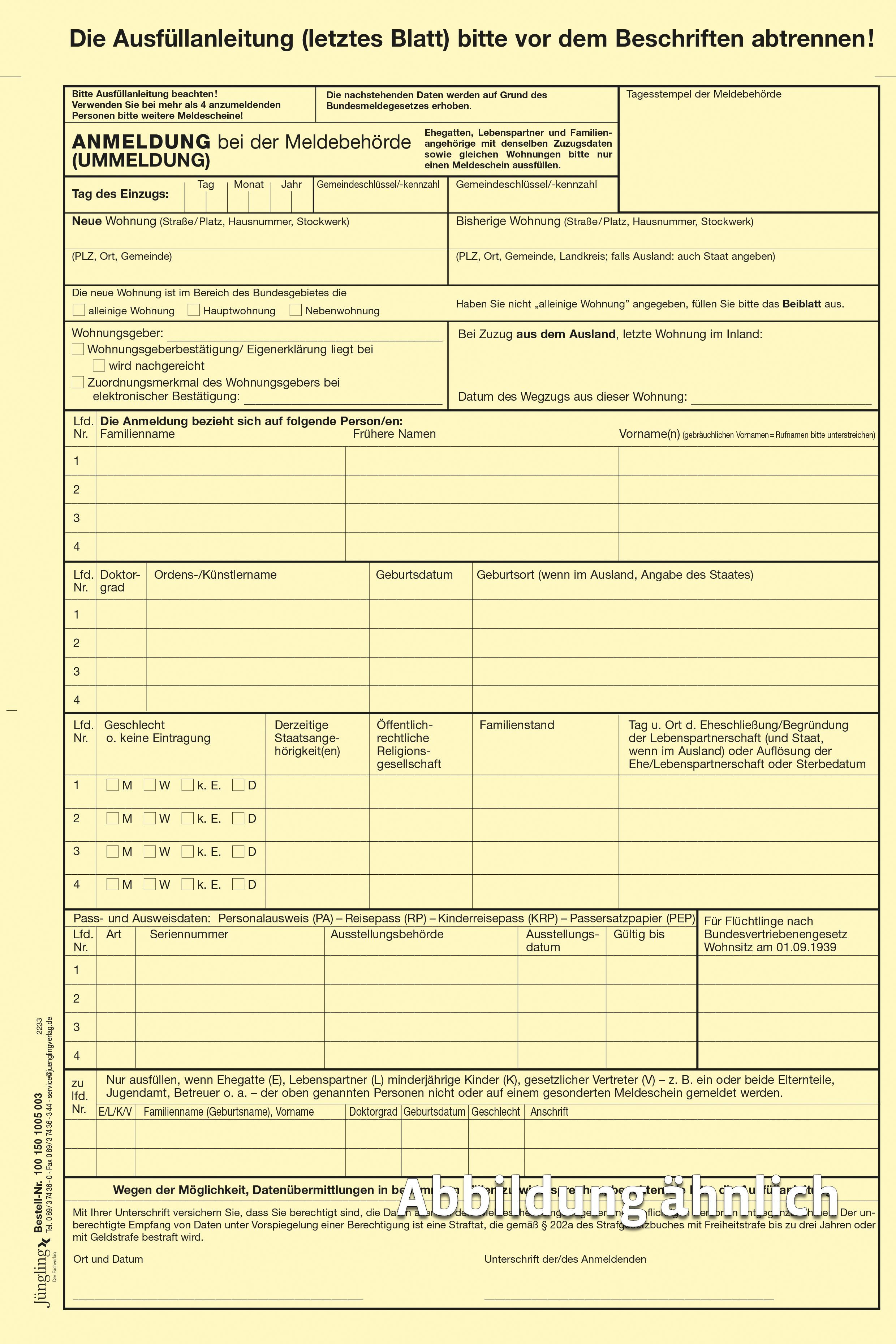Anmeldung (Ummeldung) bei der Meldebehörde, 3-fach SD